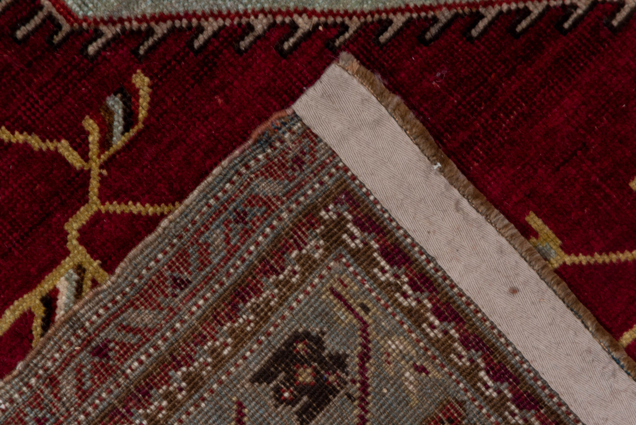 5' x 7' one-of-a-kind handmade antique Oushak rug. Color palette: red, ivory, burgundy, camel, gold, brown, beige