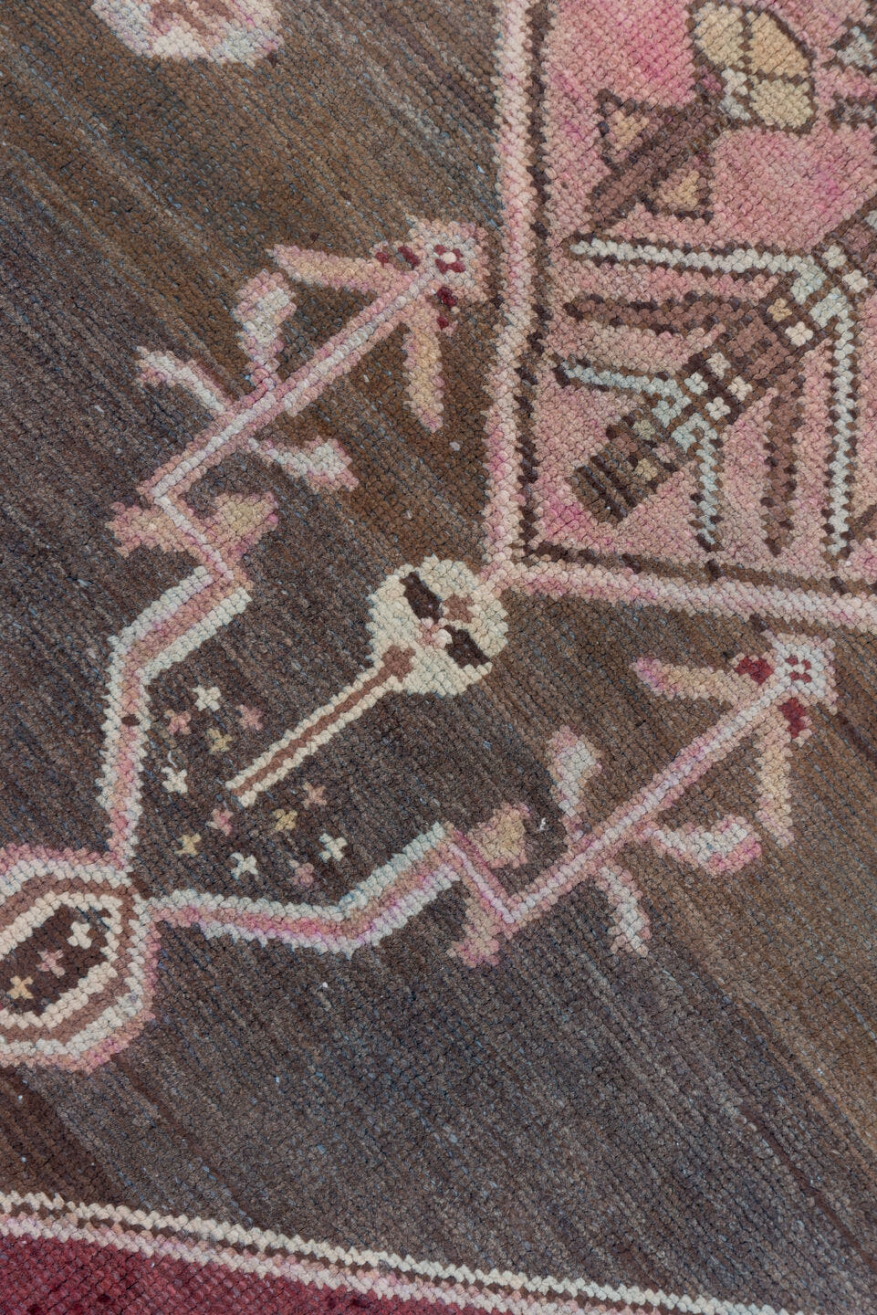 4' x 7' one-of-a-kind handmade antique Malayer rug. Color palette: rose, brown, ivory, dusty pink, taupe, burgundy, charcoal