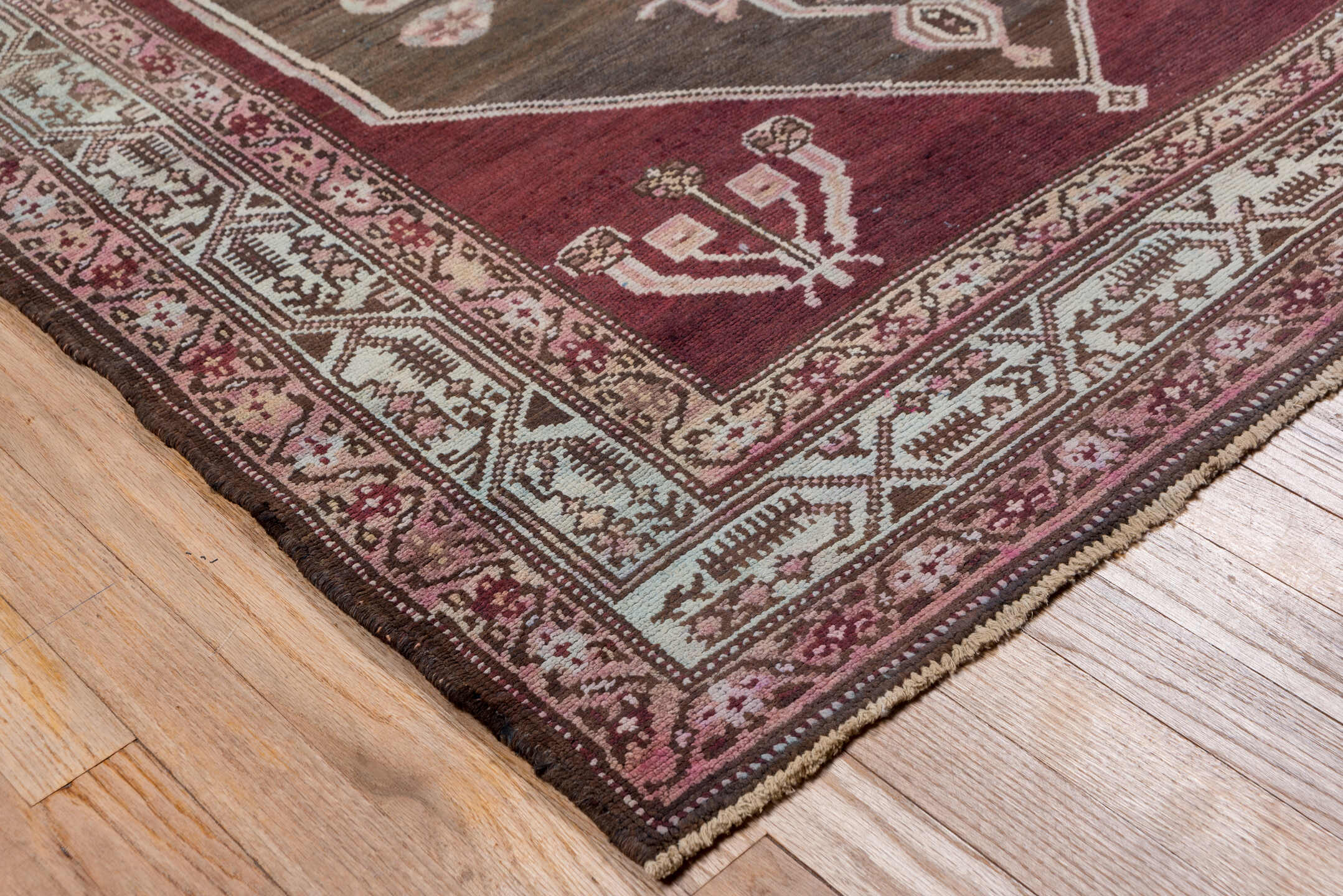4' x 7' one-of-a-kind handmade antique Malayer rug. Color palette: rose, brown, ivory, dusty pink, taupe, burgundy, charcoal