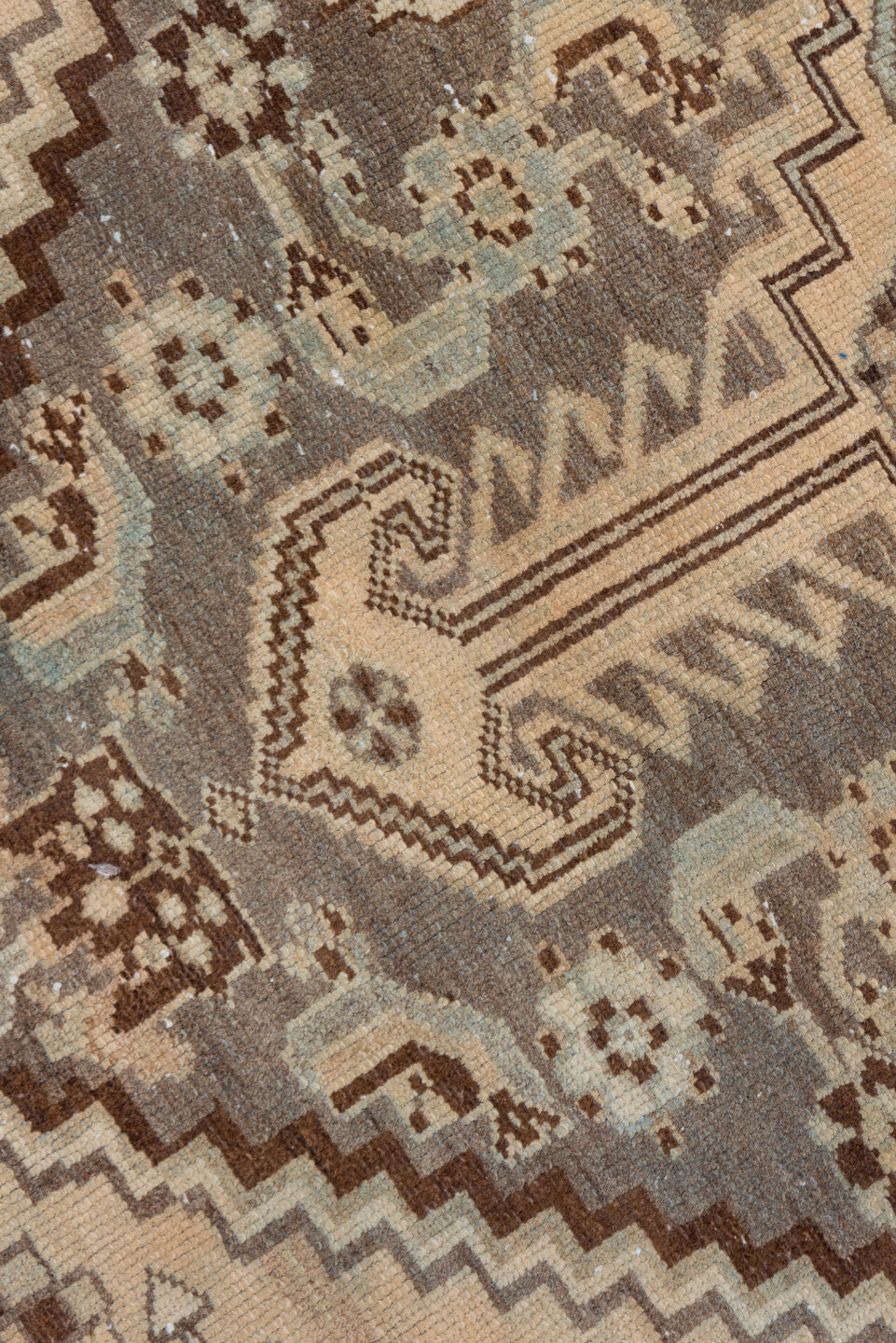 4' x 6' one-of-a-kind handmade antique Shiraz small size rug. Color palette: ivory, taupe, brown, pale blue, camel, charcoal