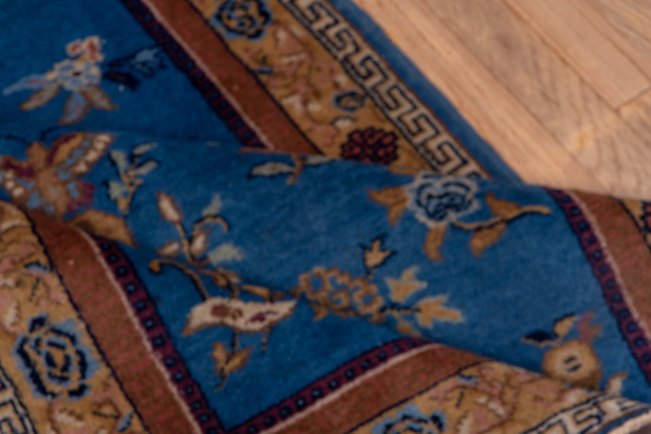 3' x 5' one-of-a-kind handmade antique Indochinese small size rug. Color palette: blue, camel, ivory, burgundy, gold, rose