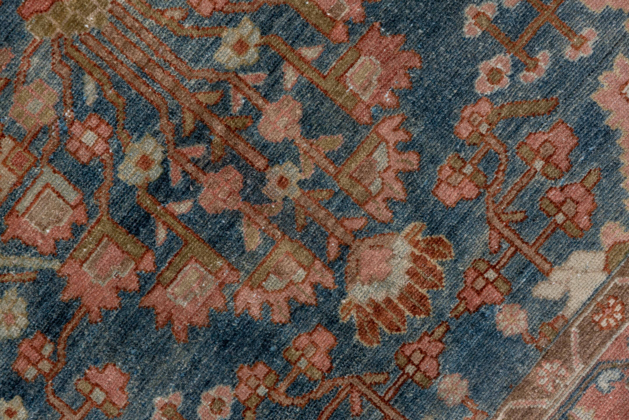 4' x 6' one-of-a-kind handmade antique Malayer small size rug. Color palette: blue, ivory, rose, taupe, rust, sage, brown