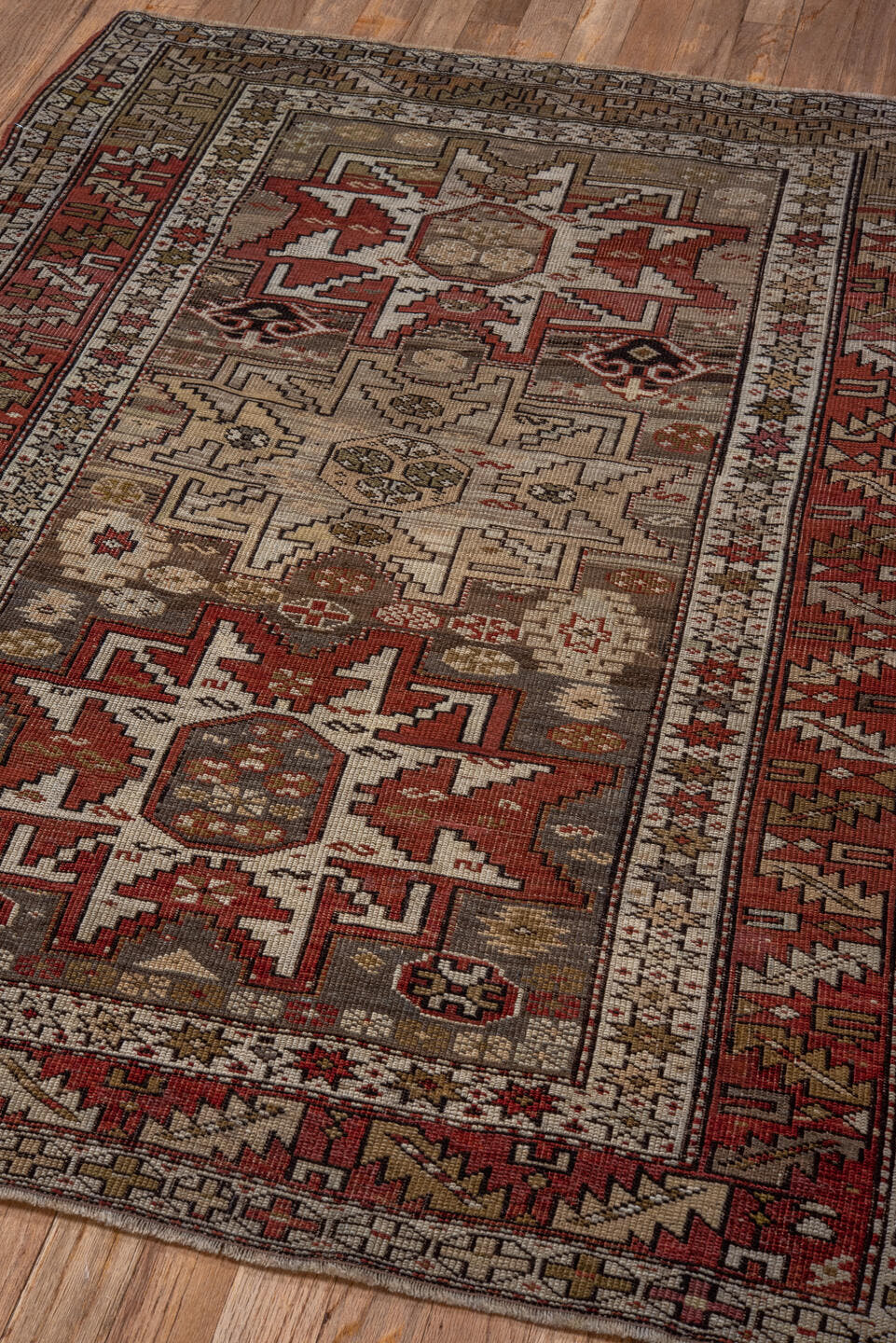 3' x 4' one-of-a-kind handmade antique Shirvan small size rug. Color palette: ivory, rust, taupe, brick, brown, charcoal