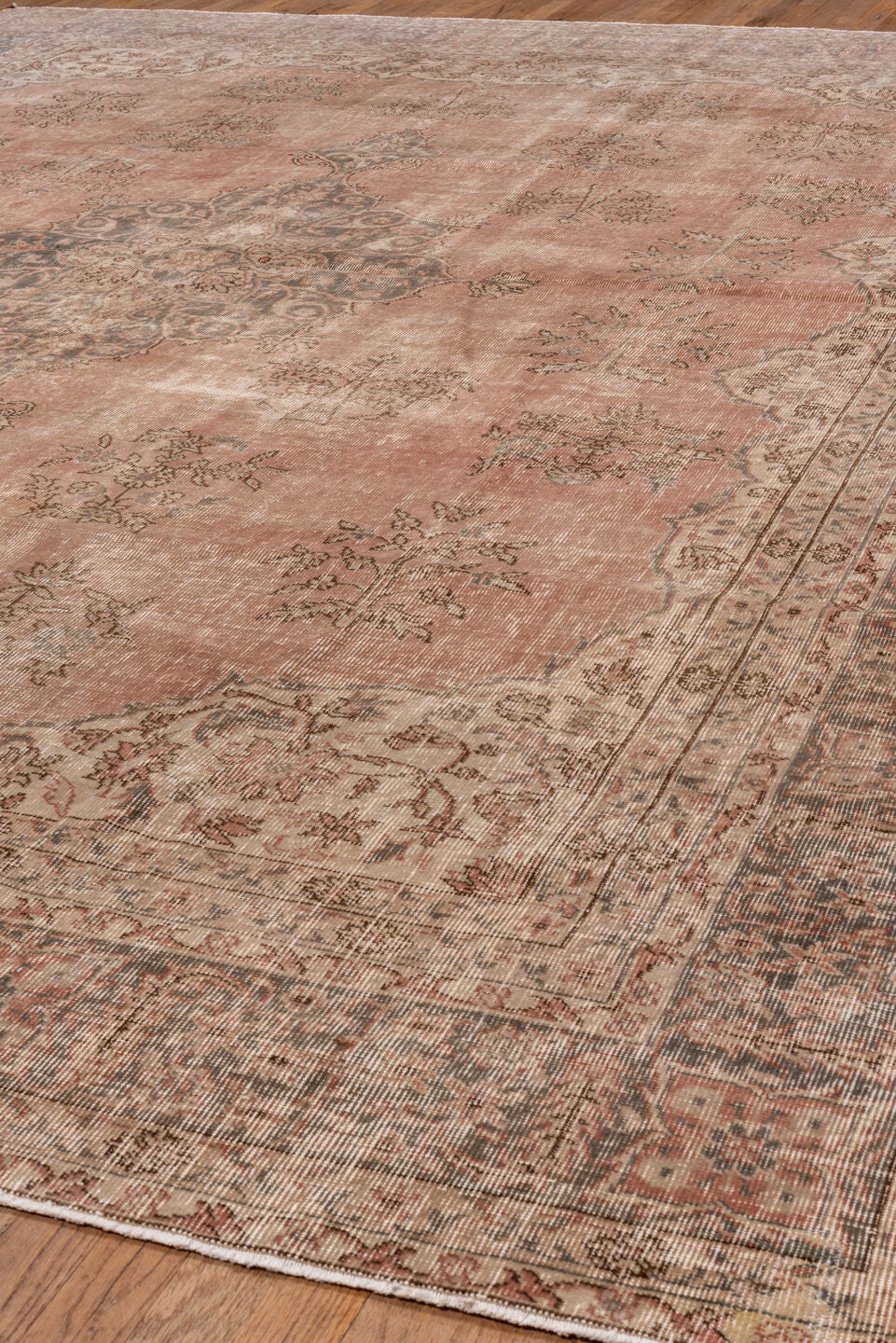 9' x 13' one-of-a-kind handmade vintage Sparta large size rug. Color palette: brown, gray, light gray, off-white, orange