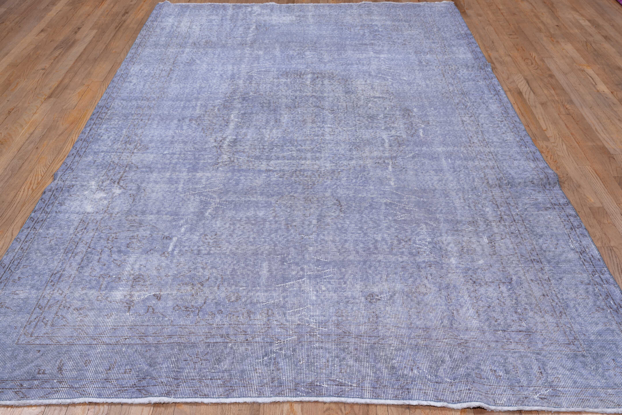 6' x 10' one-of-a-kind handmade vintage Overdyed large size rug. Color palette: lavender, periwinkle, slate, ivory