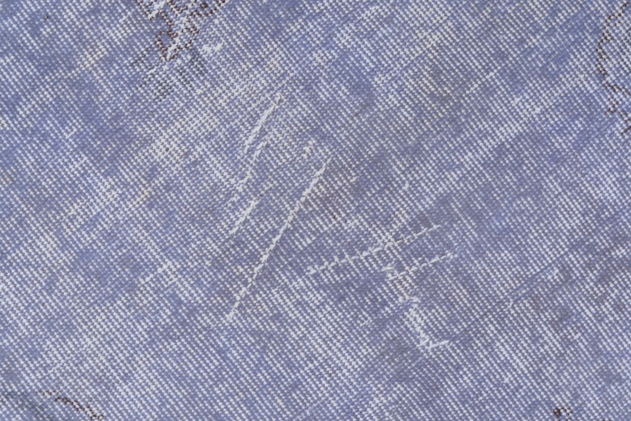 6' x 10' one-of-a-kind handmade vintage Overdyed large size rug. Color palette: lavender, periwinkle, slate, ivory