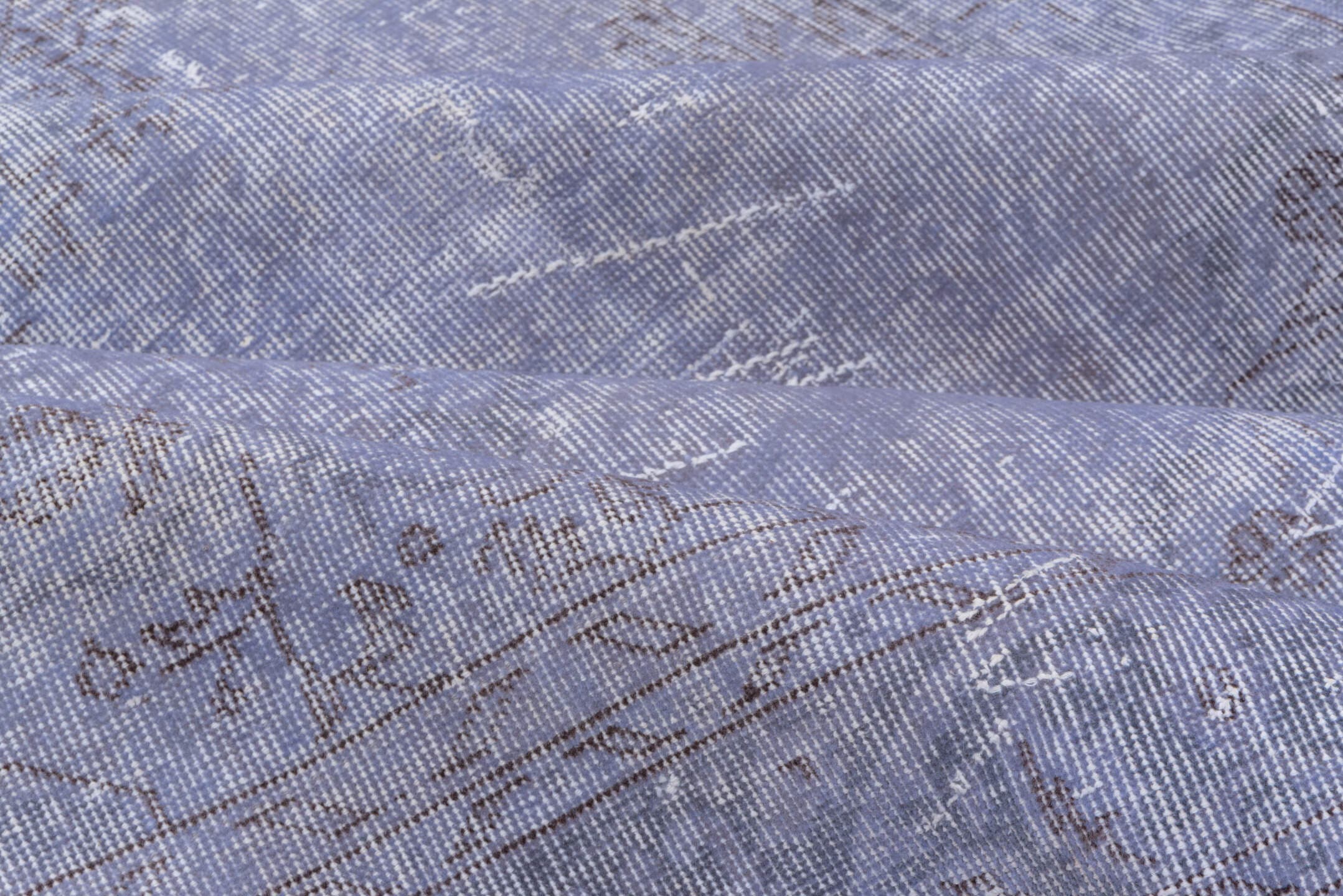 6' x 10' one-of-a-kind handmade vintage Overdyed large size rug. Color palette: lavender, periwinkle, slate, ivory