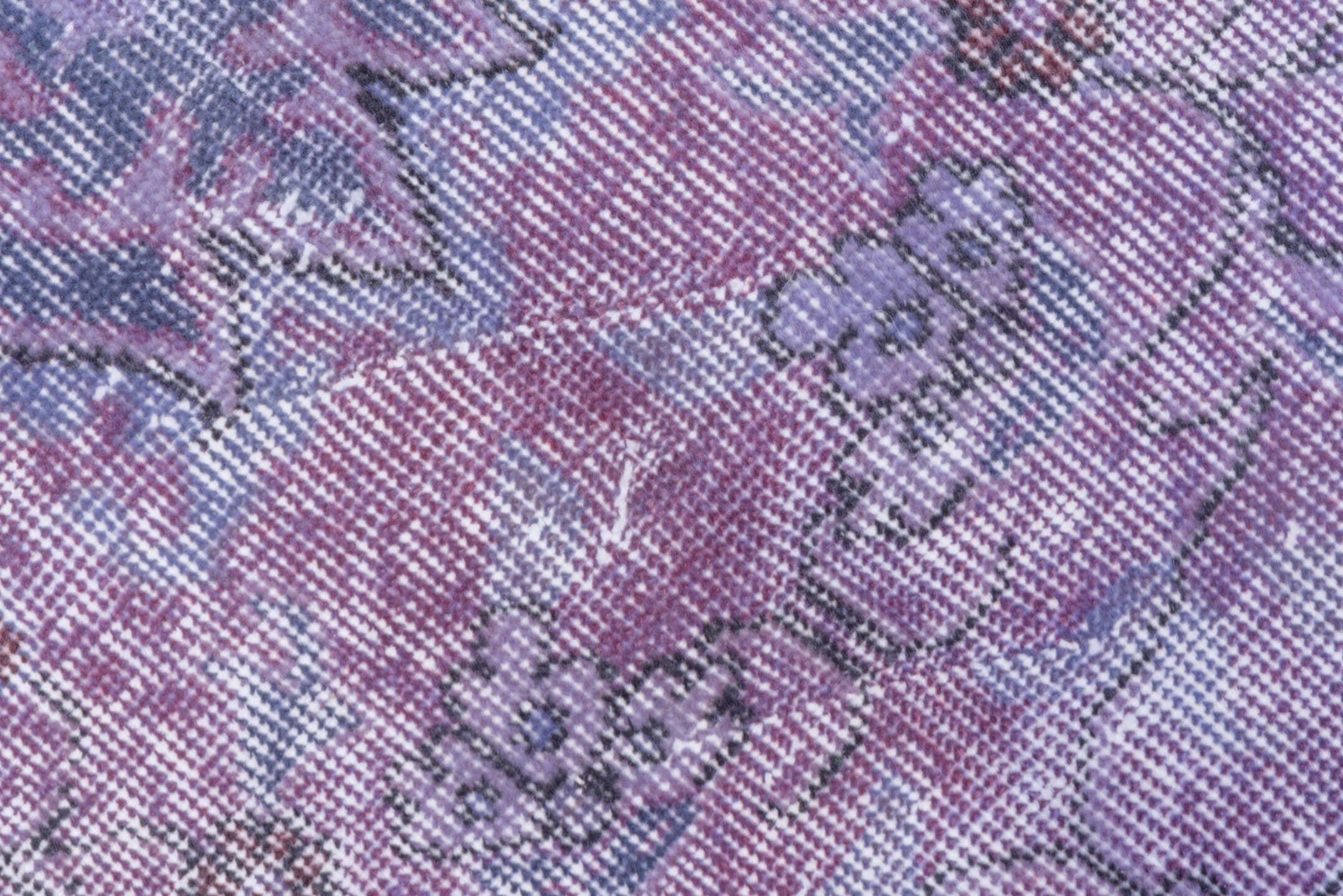 5' x 9' one-of-a-kind handmade vintage Overdyed medium size rug. Color palette: lavender, lilac, periwinkle, ivory, rose