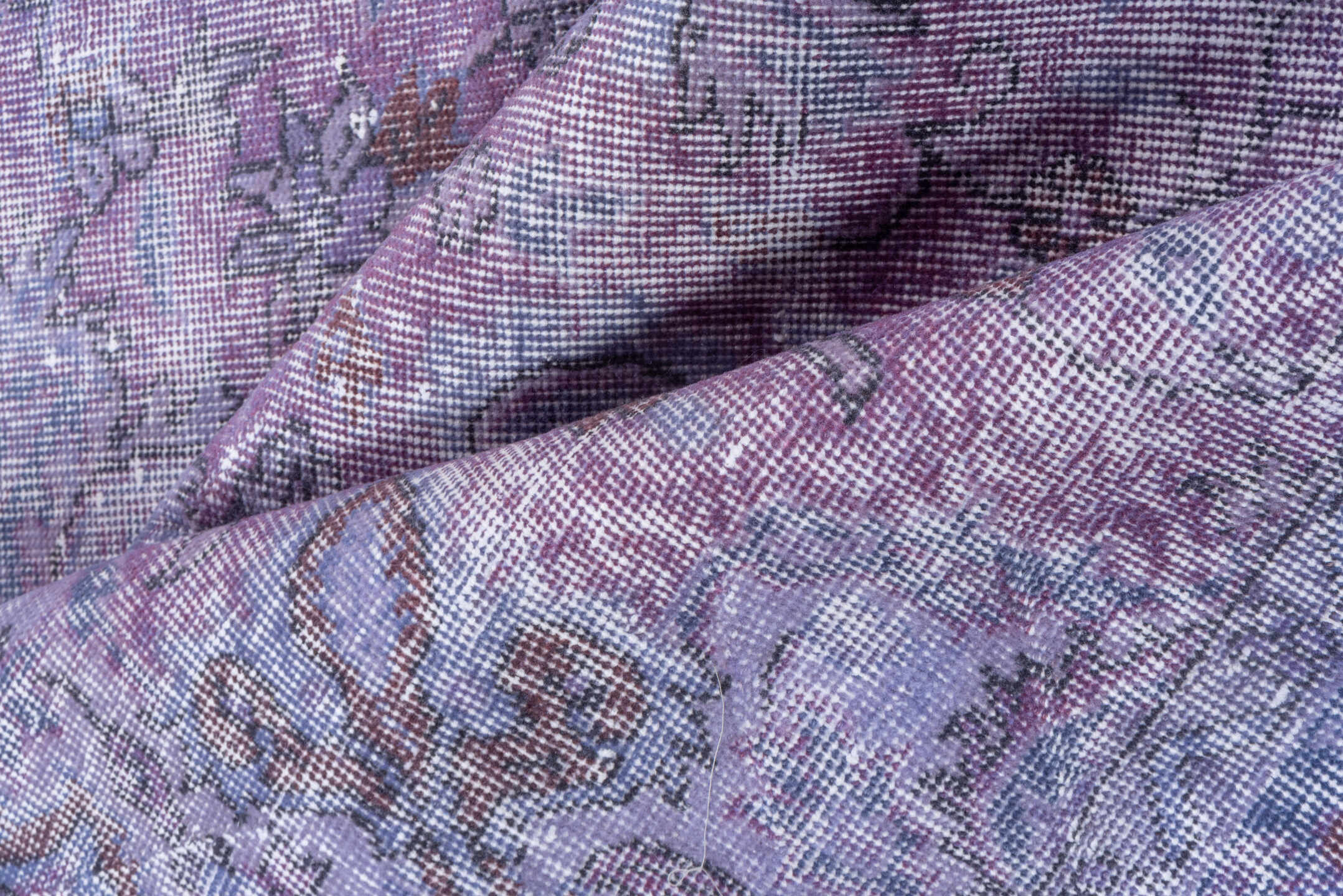 5' x 9' one-of-a-kind handmade vintage Overdyed medium size rug. Color palette: lavender, lilac, periwinkle, ivory, rose