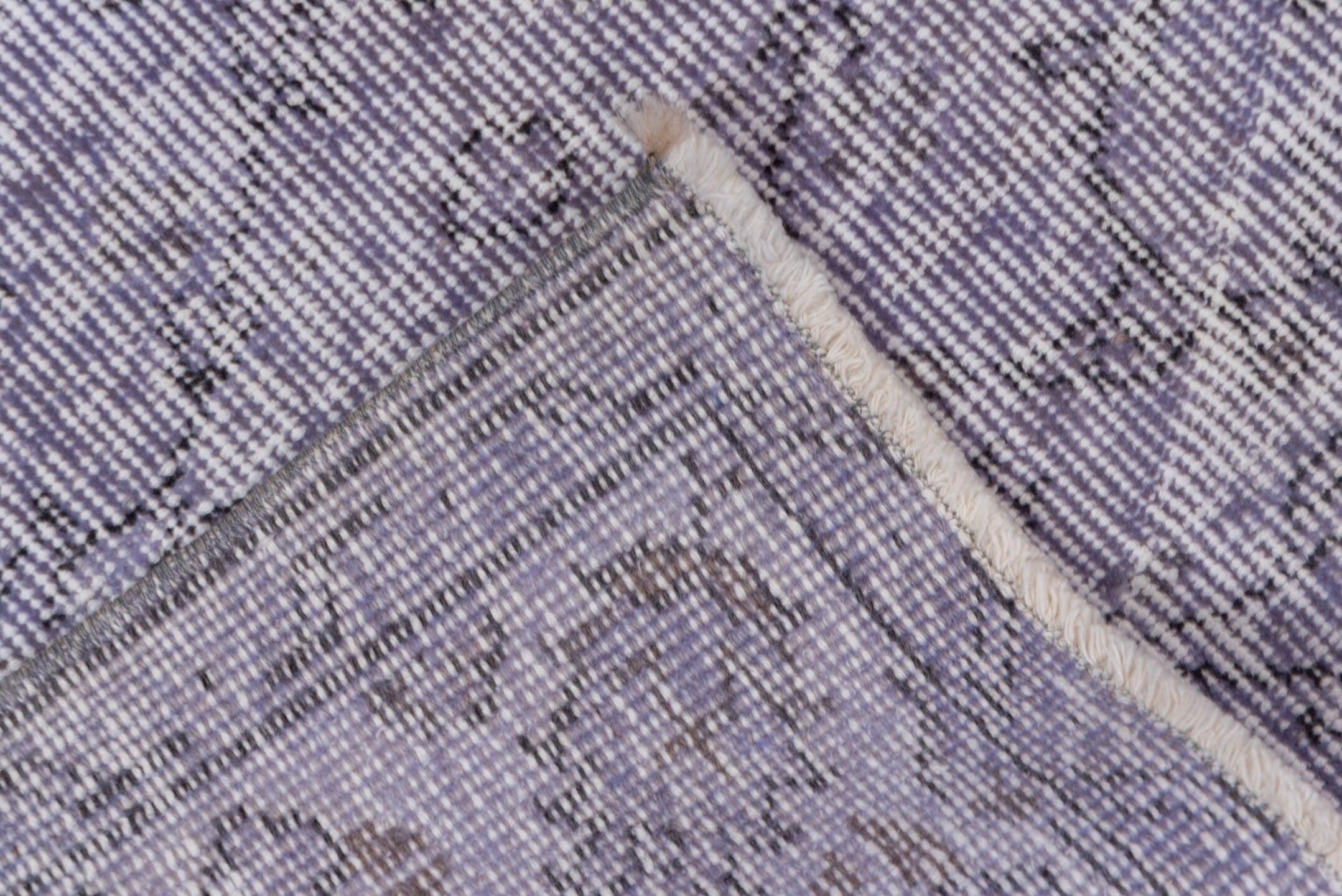 5' x 8' one-of-a-kind handmade vintage Overdyed medium size rug. Color palette: lavender, lilac, ivory, pale gray