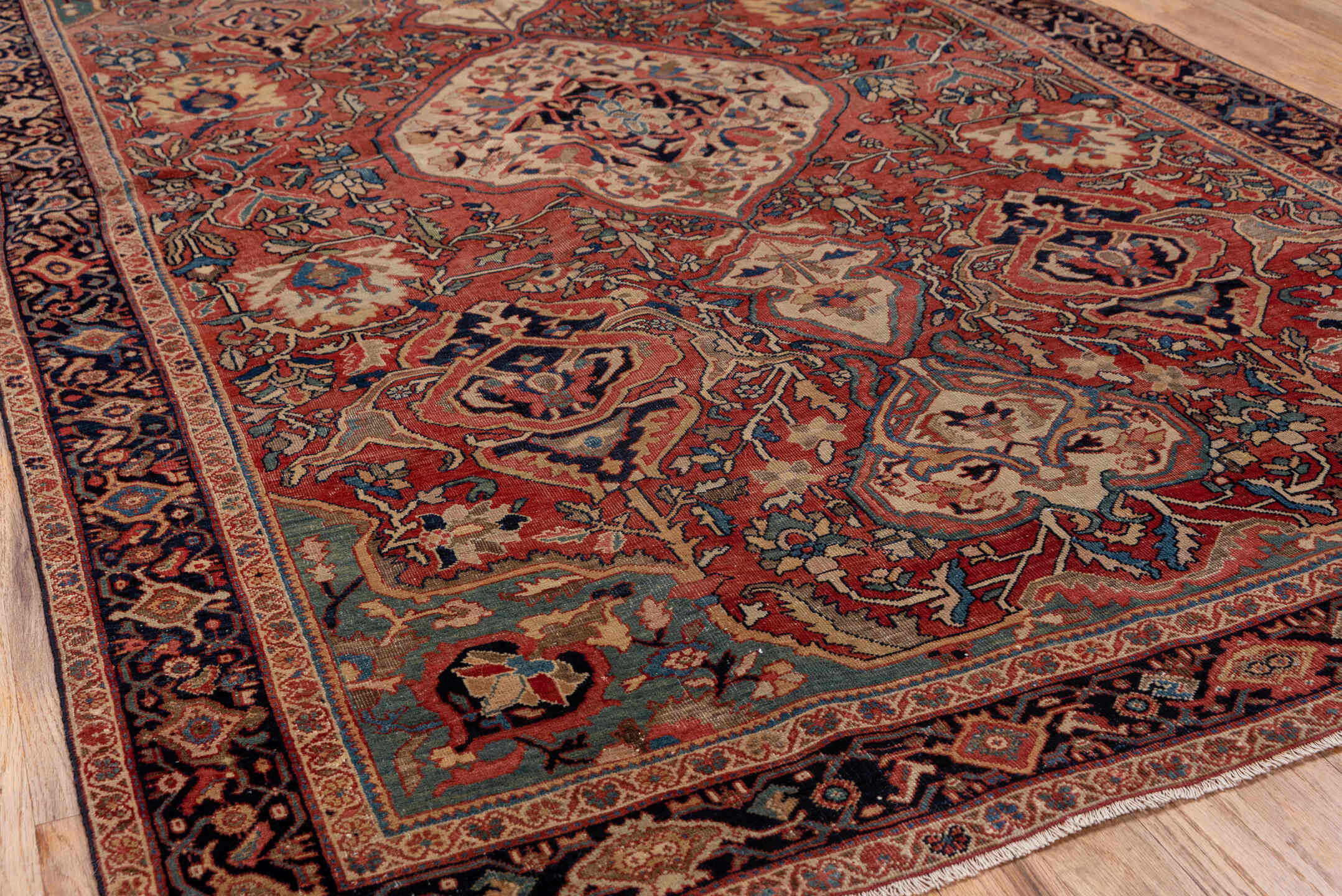4' x 6' one-of-a-kind handmade antique Far.Sarouk small size rug. Color palette: rust, ivory, navy, soft blue, taupe, camel