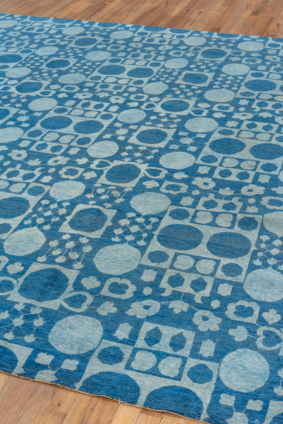 8' x 9' one-of-a-kind handmade vintage Modern rug. Color palette: blue, gray, light blue, light gray, off-white, steel blue