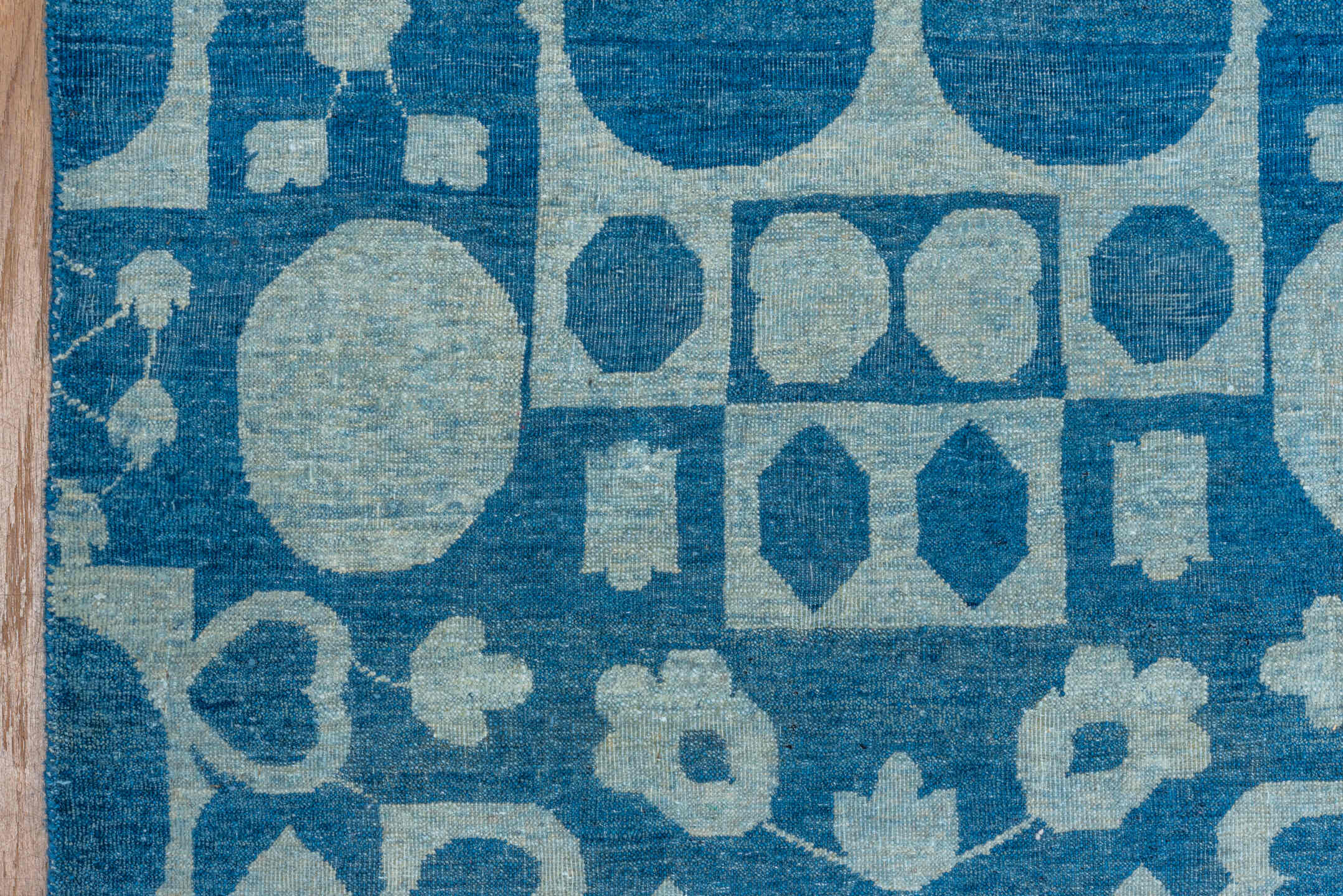 8' x 9' one-of-a-kind handmade handmade Modern rug. Color palette: blue, ivory, sky blue, light blue