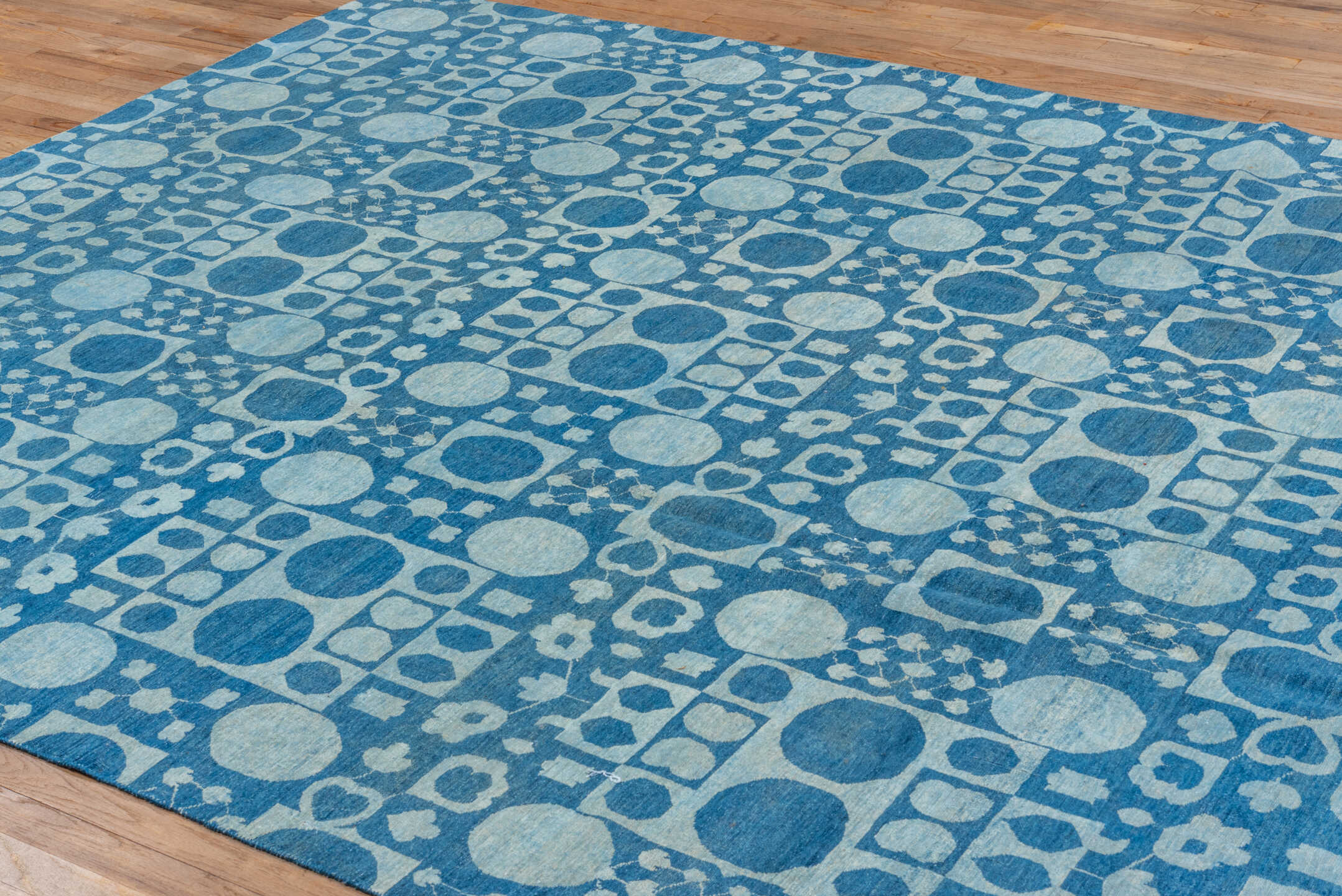 8' x 9' one-of-a-kind handmade vintage Modern rug. Color palette: blue, gray, light blue, light gray, off-white, steel blue