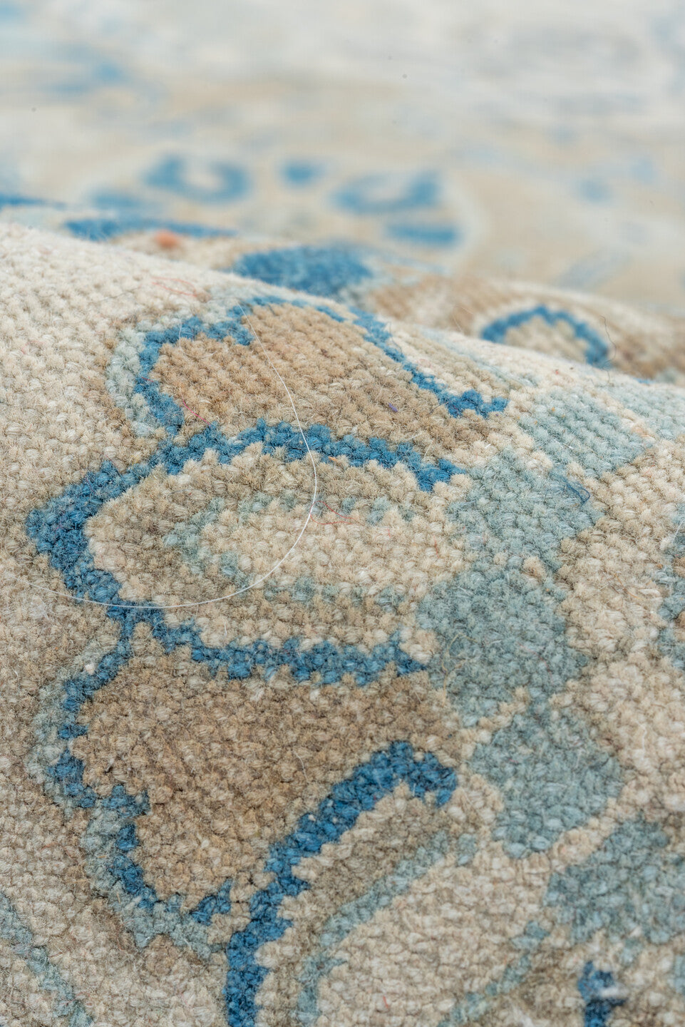 8' x 9' one-of-a-kind handmade vintage Sivas rug. Color palette: ivory, beige, sky blue, taupe, cream, aqua, light blue