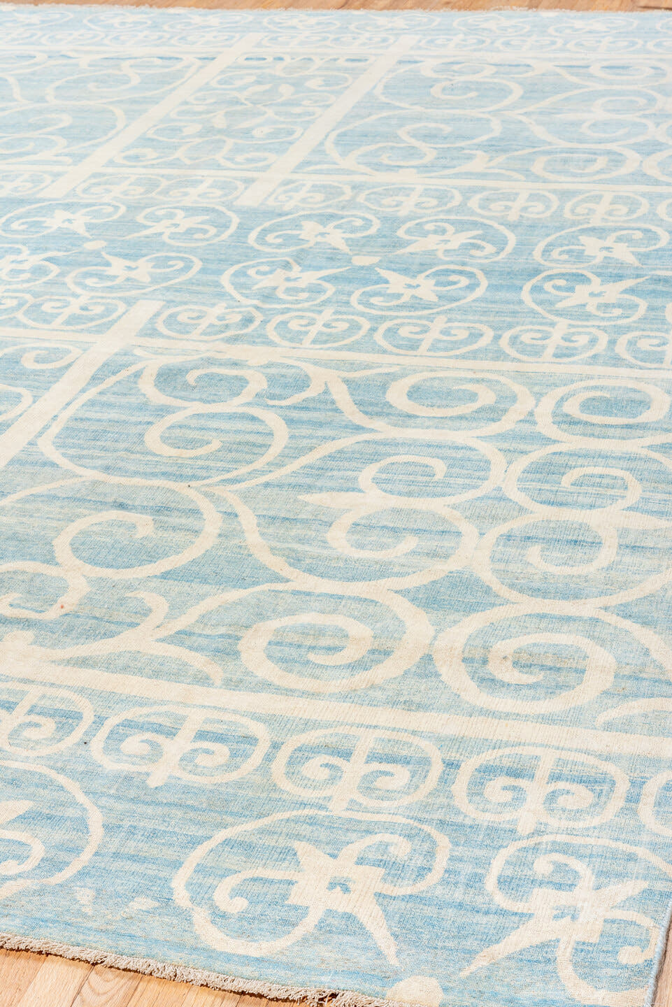 10' x 13' one-of-a-kind handmade vintage Khotan large size rug. Color palette: sky blue, ivory, cream, light blue