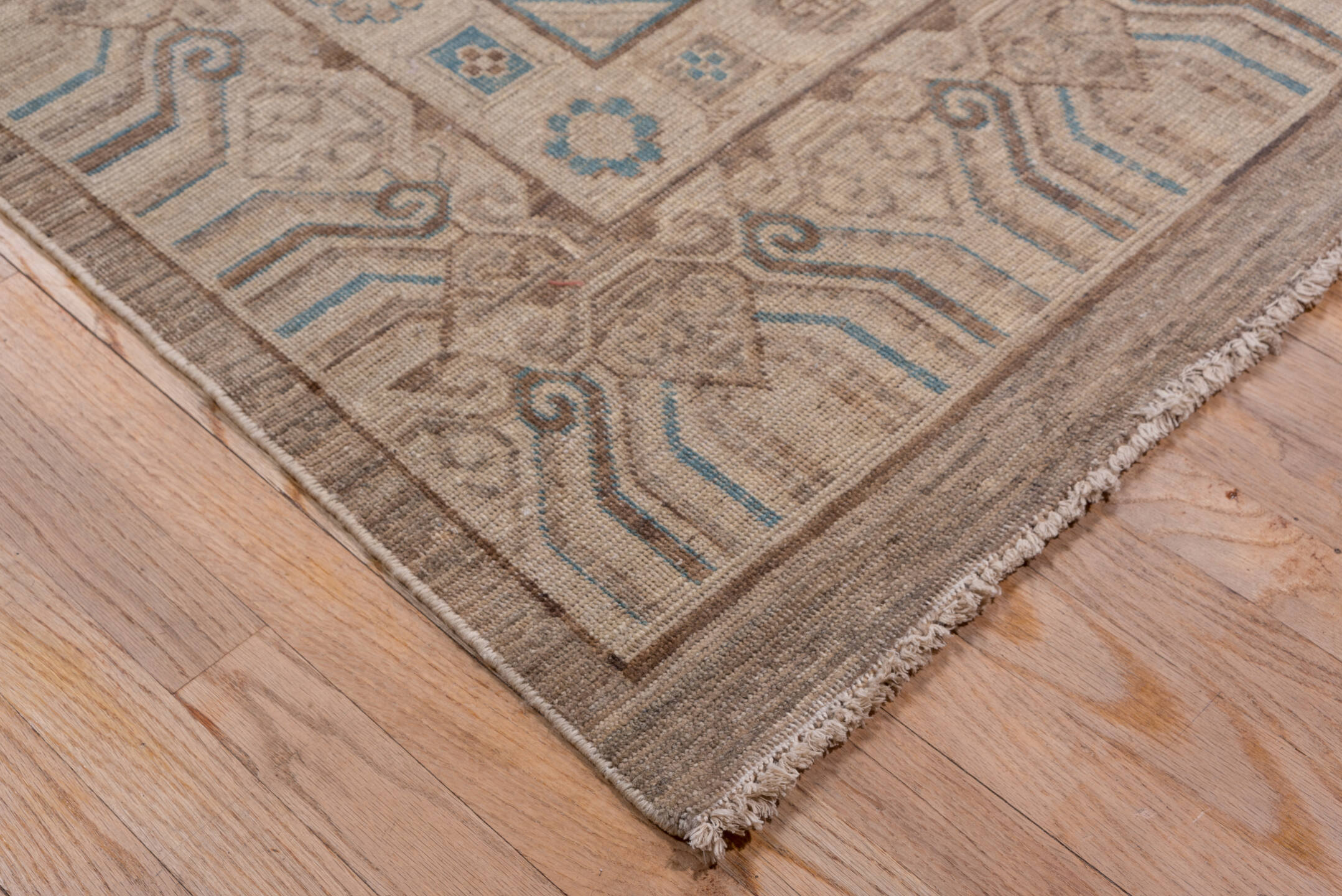 12' x 16' one-of-a-kind handmade vintage Khotan oversize rug. Color palette: brown, dark gray, gray, light gray, off-white