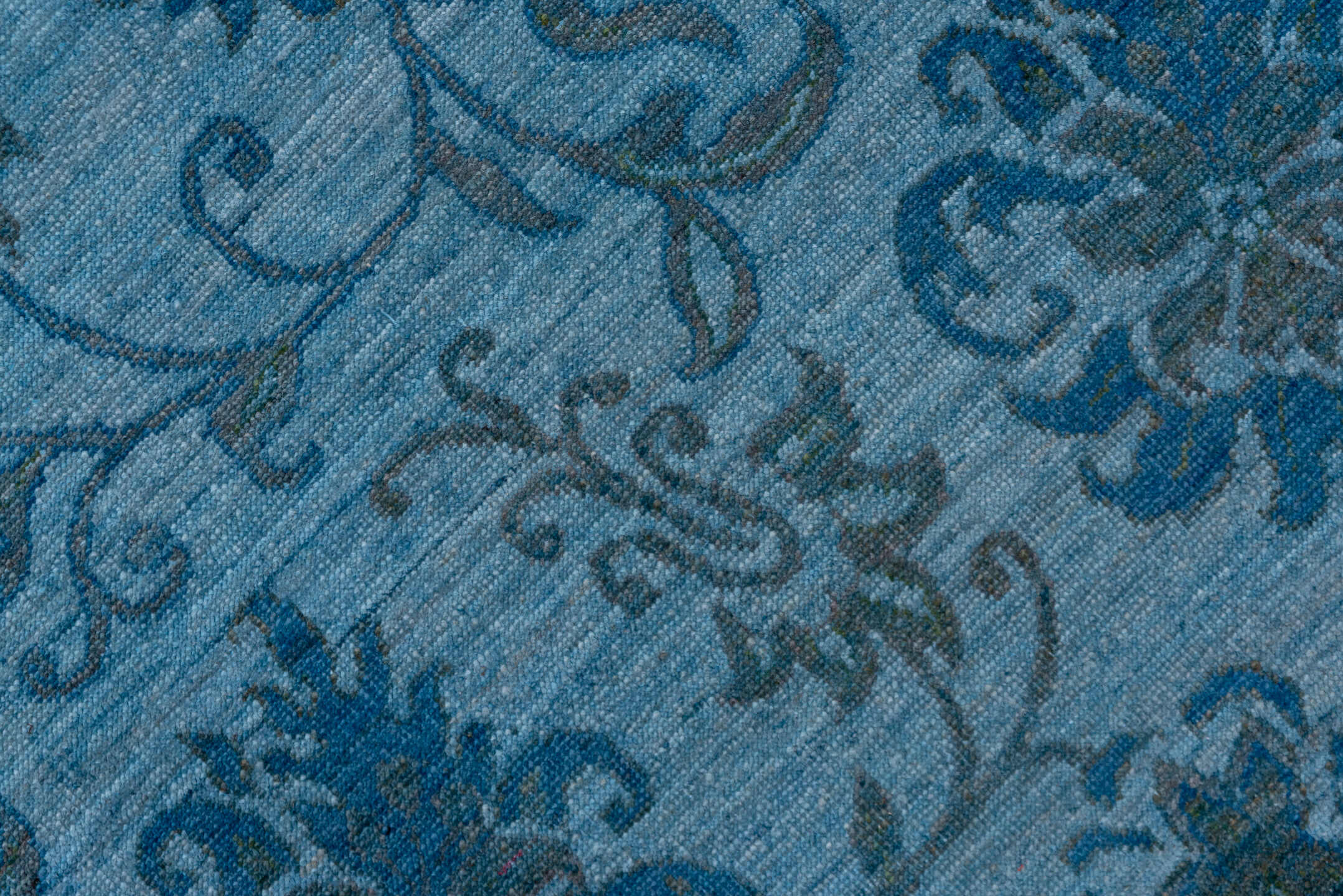 4' x 5' one-of-a-kind handmade vintage Overdyed small size rug. Color palette: arapawa, blue, fiord, gray, light gray