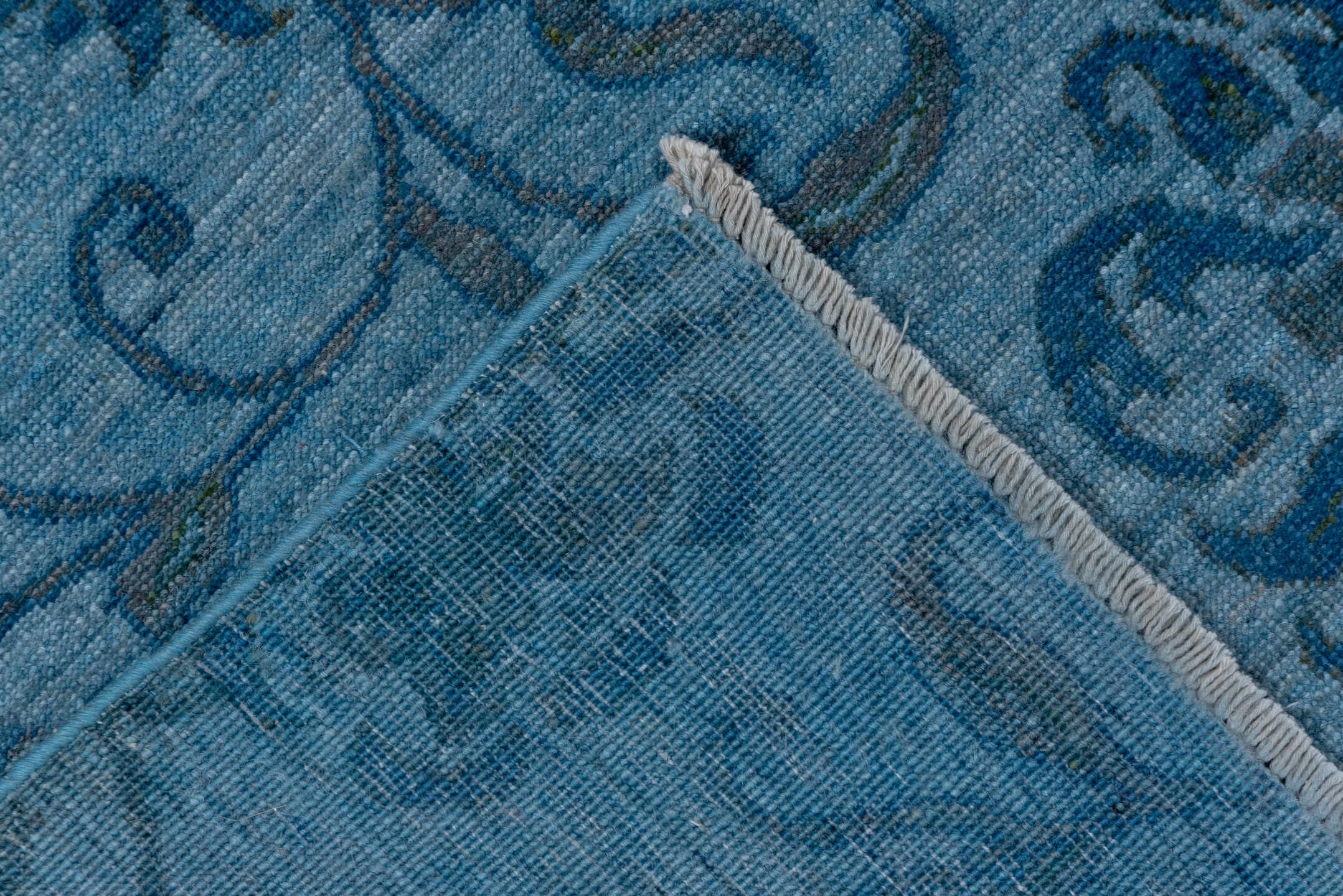 4' x 5' one-of-a-kind handmade vintage Overdyed small size rug. Color palette: sky blue, slate blue, steel blue, charcoal