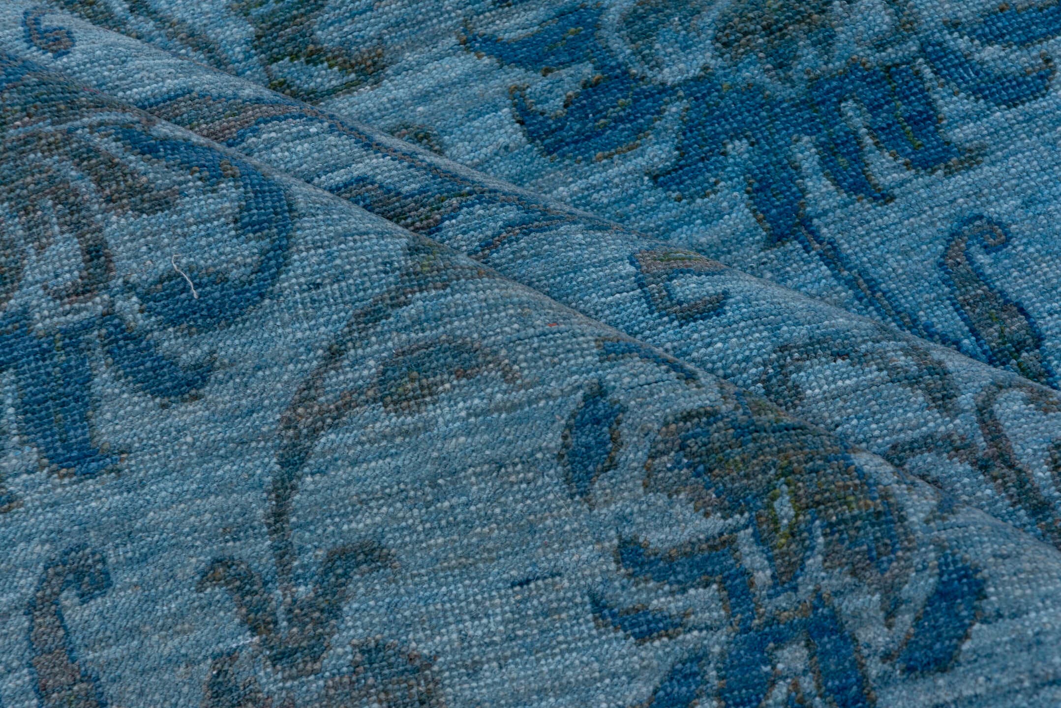 4' x 5' one-of-a-kind handmade vintage Overdyed small size rug. Color palette: sky blue, slate blue, steel blue, charcoal