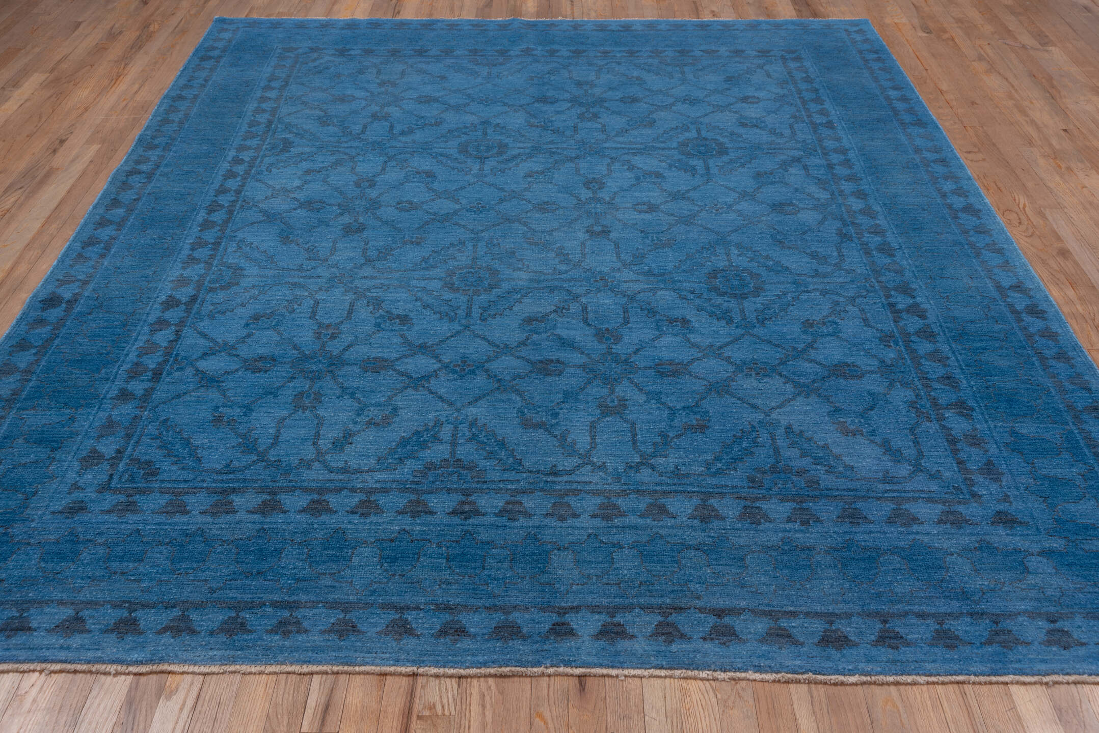 7' x 10' one-of-a-kind handmade vintage Overdyed large size rug. Color palette: arapawa, blue, gray
