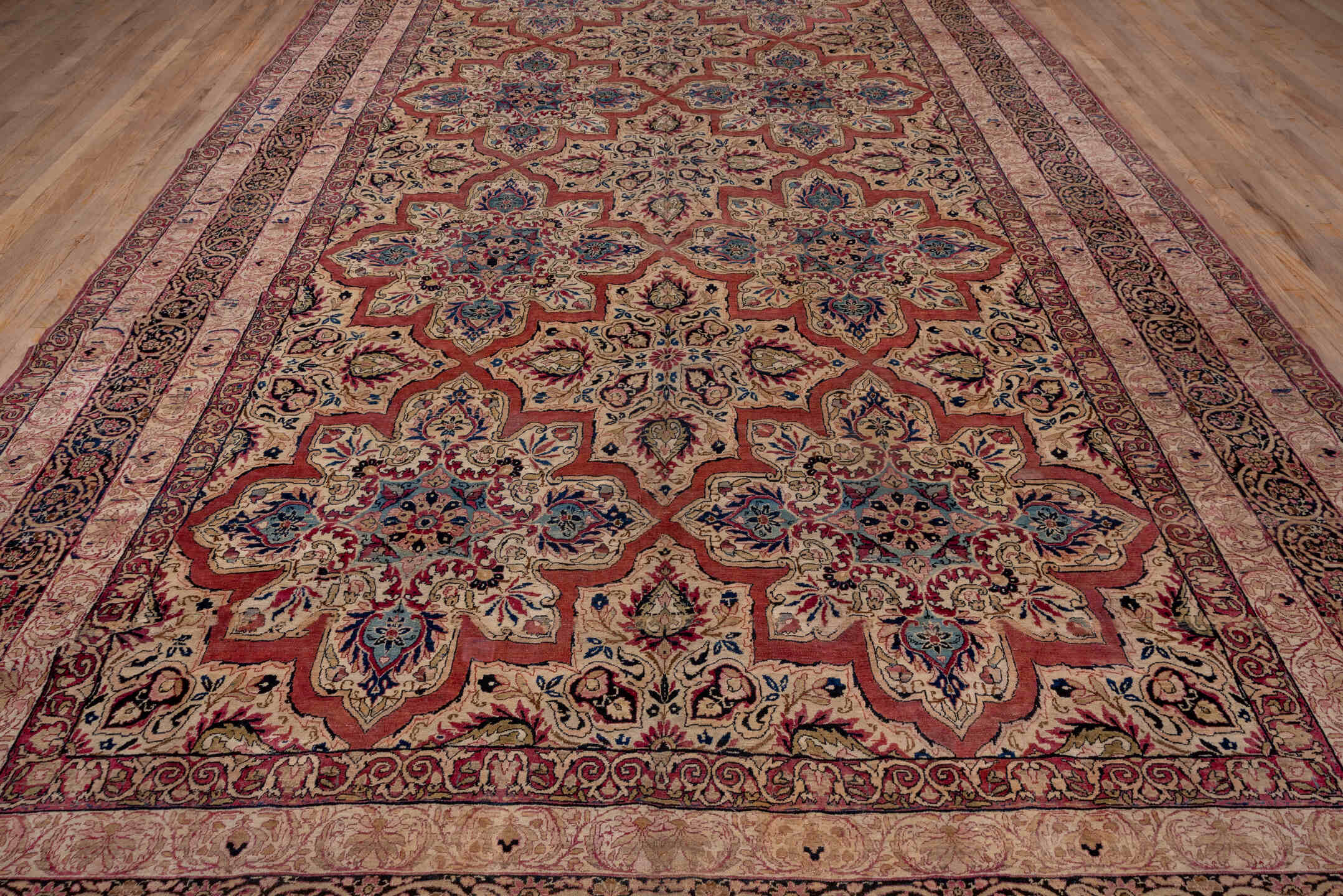 9' x 21' one-of-a-kind handmade vintage Lavar rug. Color palette: blue, brown, fiord, gray, off-white, orange, pink, red