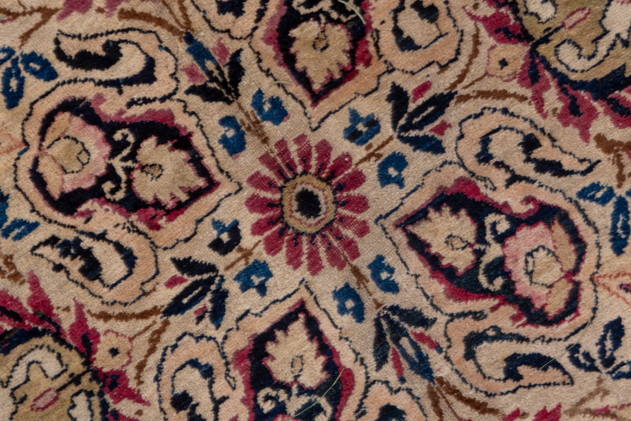 9' x 21' one-of-a-kind handmade antique Lavar rug. Color palette: rose, ivory, burgundy, indigo, dusty blue, blush, taupe