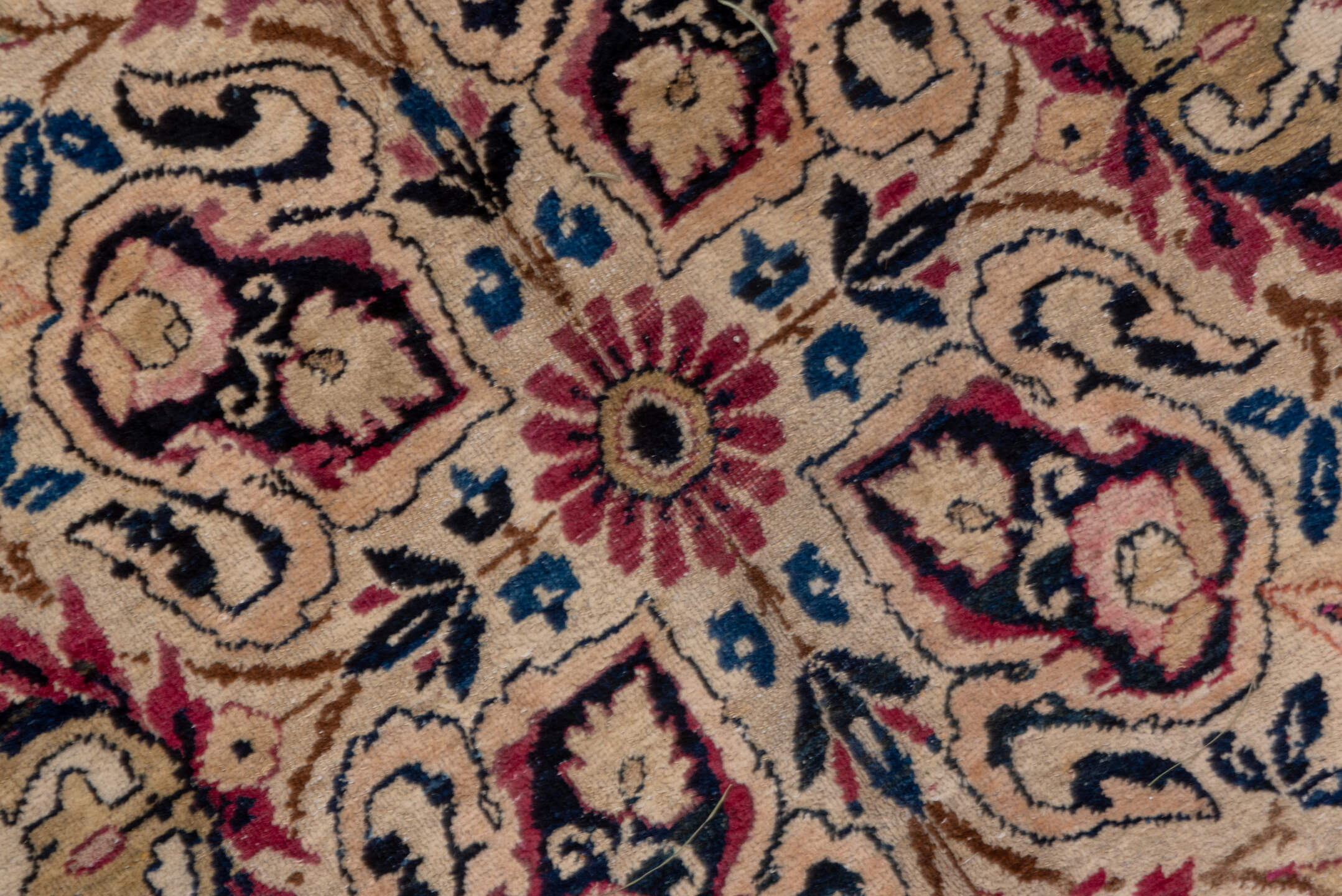 9' x 21' one-of-a-kind handmade antique Lavar rug. Color palette: rose, ivory, burgundy, indigo, dusty blue, blush, taupe