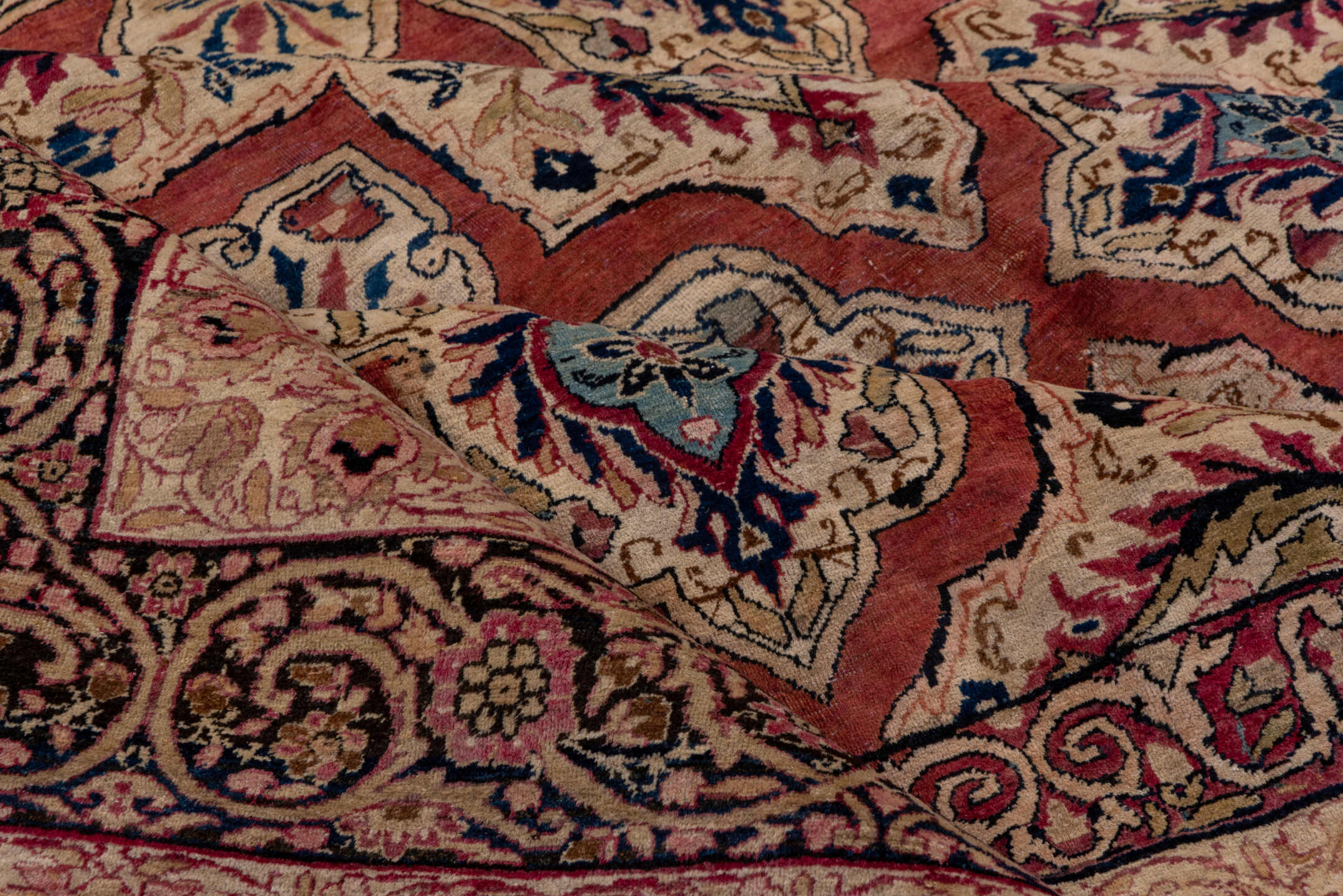 9' x 21' one-of-a-kind handmade antique Lavar rug. Color palette: rose, ivory, burgundy, indigo, dusty blue, blush, taupe