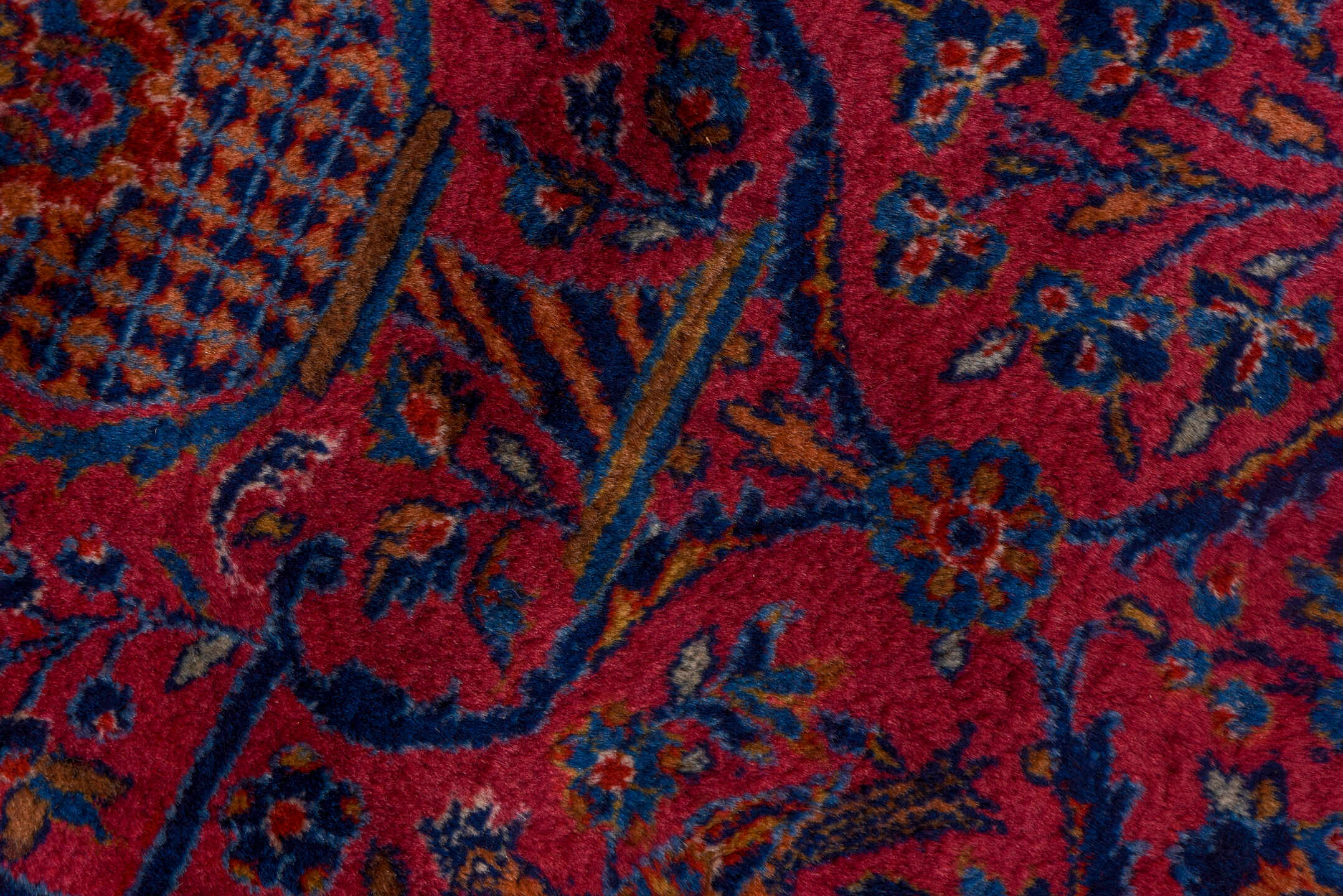 15' x 26' one-of-a-kind handmade antique Kashan oversize rug. Color palette: crimson, navy, burgundy, rose, ivory, slate
