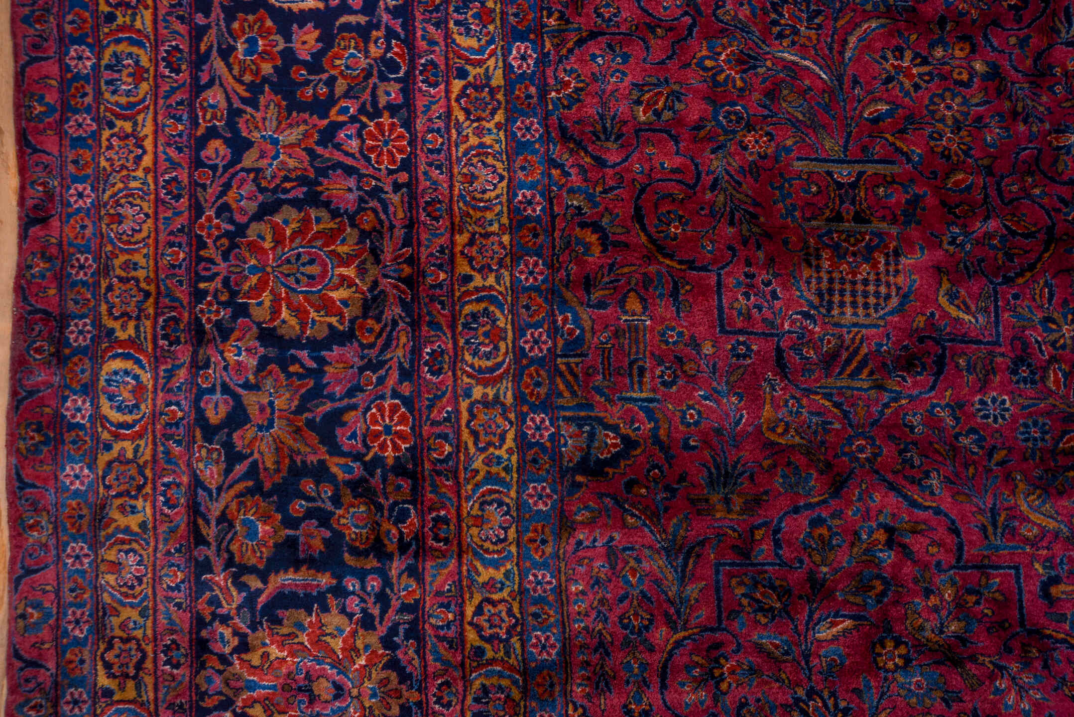 15' x 26' one-of-a-kind handmade antique Kashan oversize rug. Color palette: crimson, navy, burgundy, rose, ivory, slate