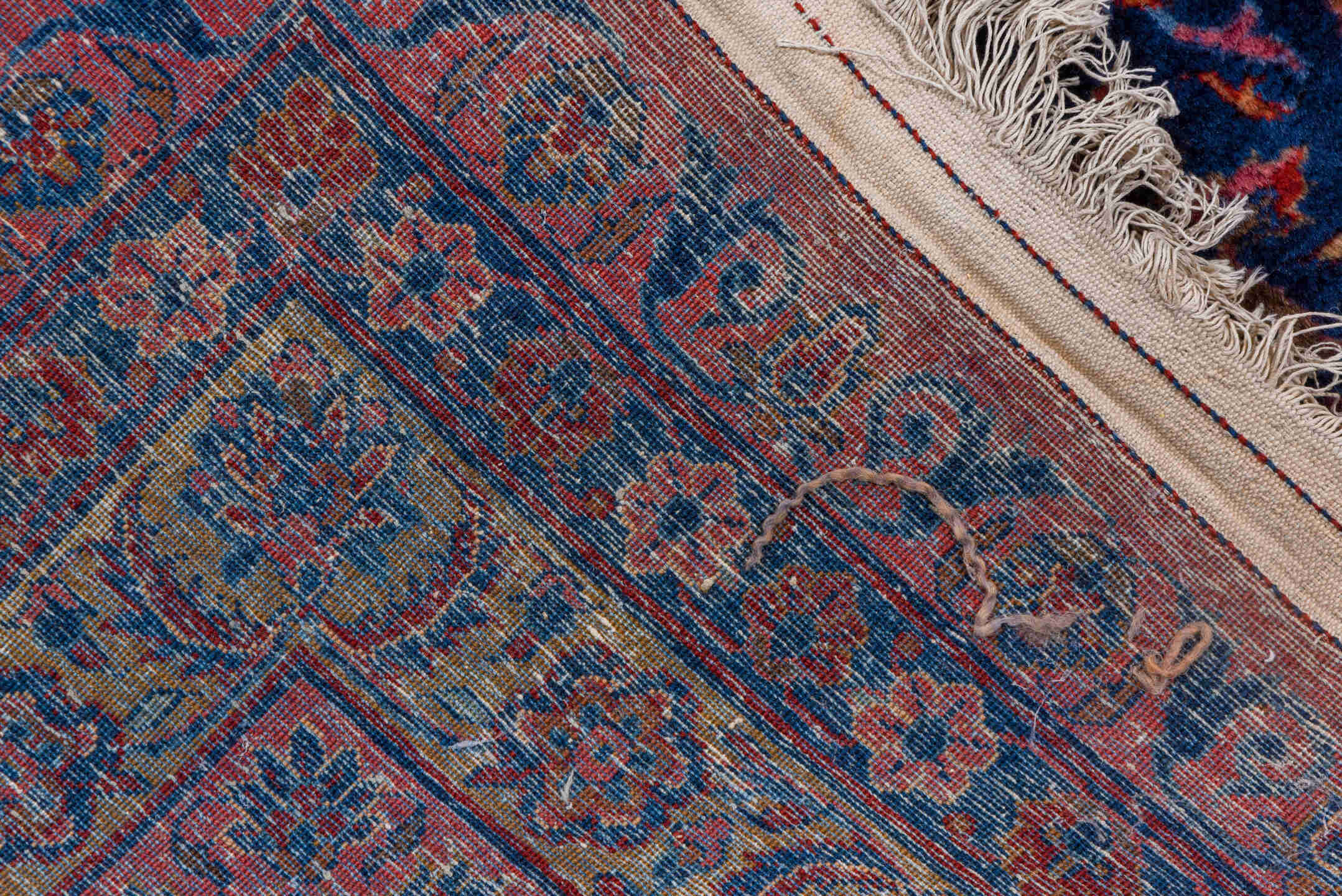15' x 26' one-of-a-kind handmade antique Kashan oversize rug. Color palette: crimson, navy, burgundy, rose, ivory, slate