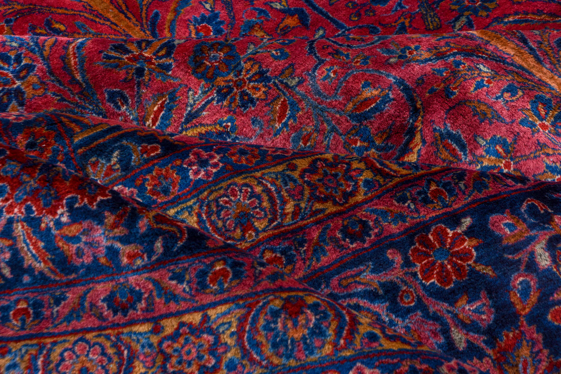 15' x 26' one-of-a-kind handmade antique Kashan oversize rug. Color palette: crimson, navy, burgundy, rose, ivory, slate