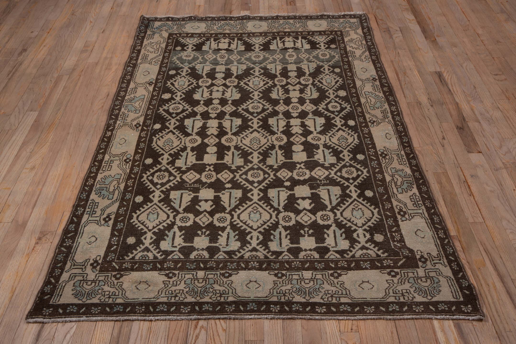 4' x 6' one-of-a-kind handmade antique Hamadan small size rug. Color palette: brown, ivory, taupe, sky blue, camel, beige