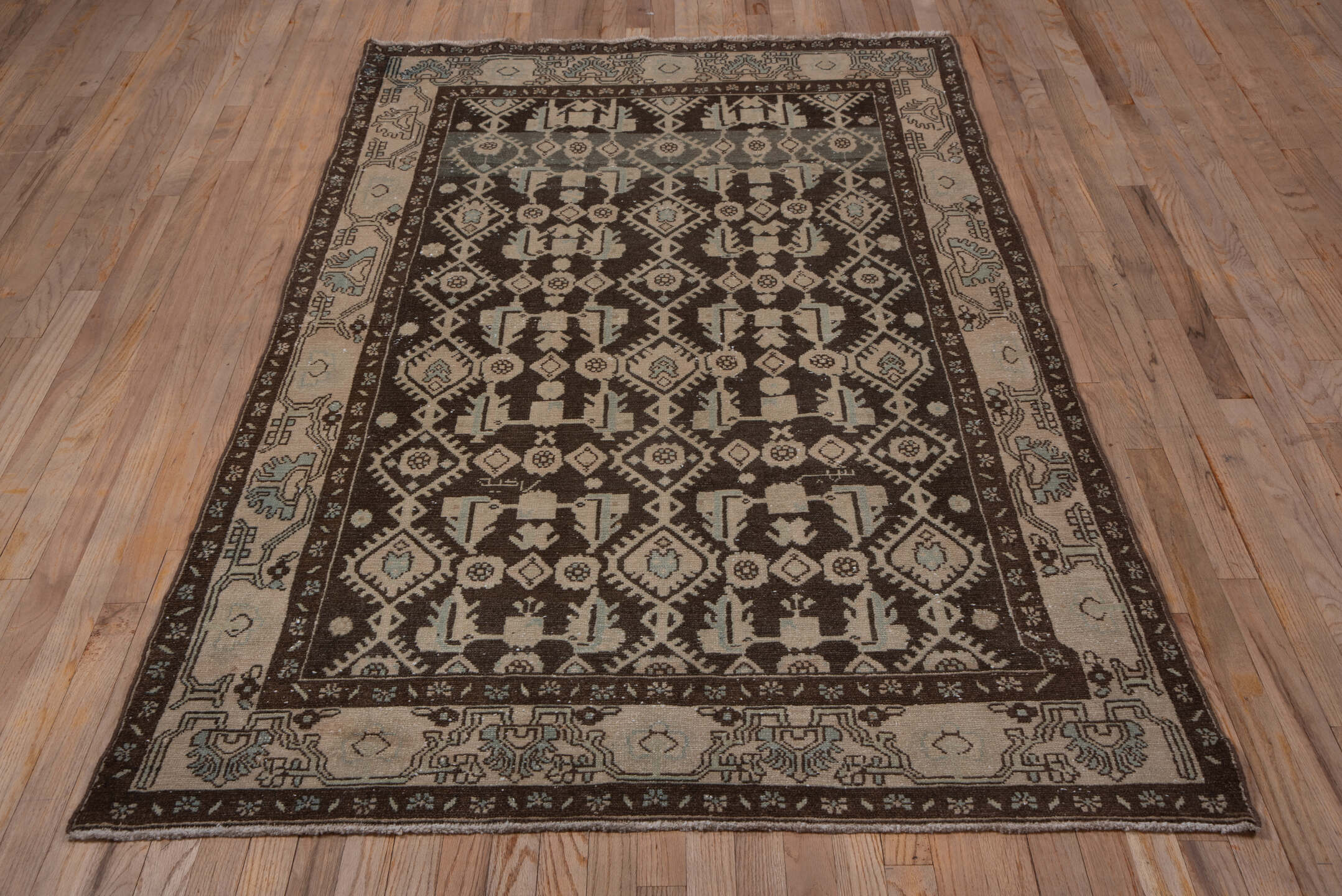 4' x 6' one-of-a-kind handmade antique Hamadan small size rug. Color palette: brown, ivory, taupe, sky blue, camel, beige