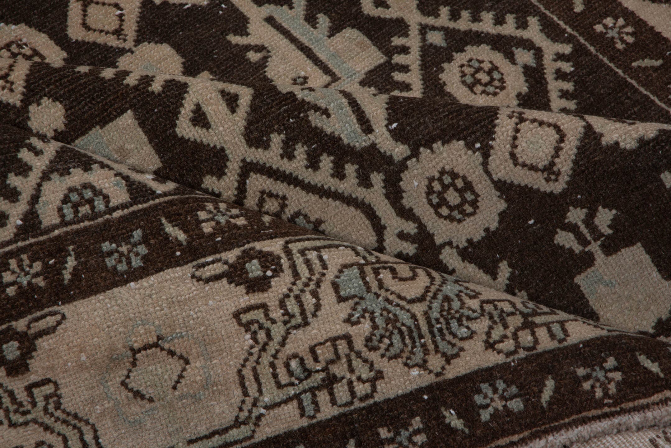 4' x 6' one-of-a-kind handmade antique Hamadan small size rug. Color palette: brown, ivory, taupe, sky blue, camel, beige