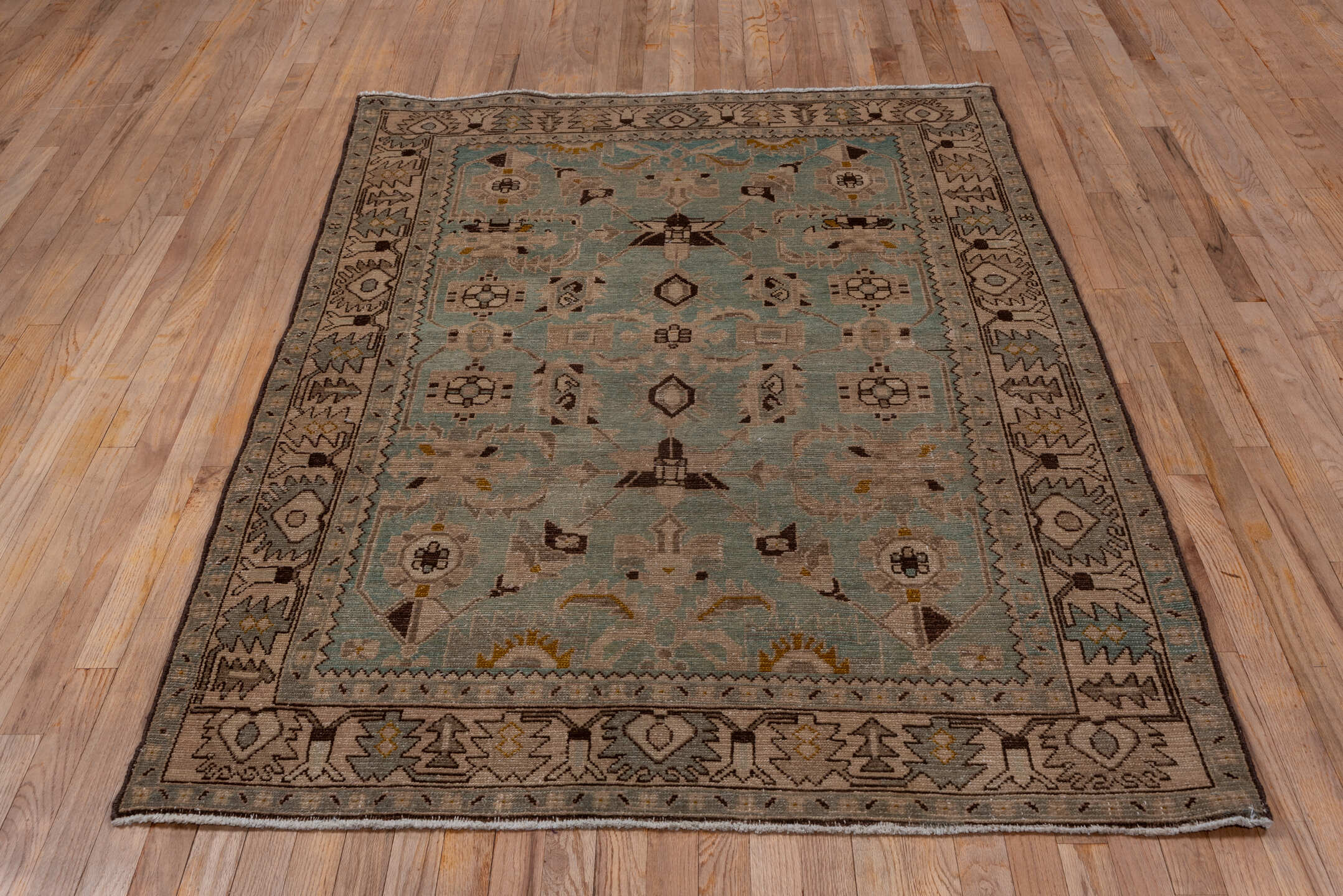 4' x 6' one-of-a-kind handmade antique Malayer rug. Color palette: light blue, ivory, taupe, brown, gold, charcoal, beige