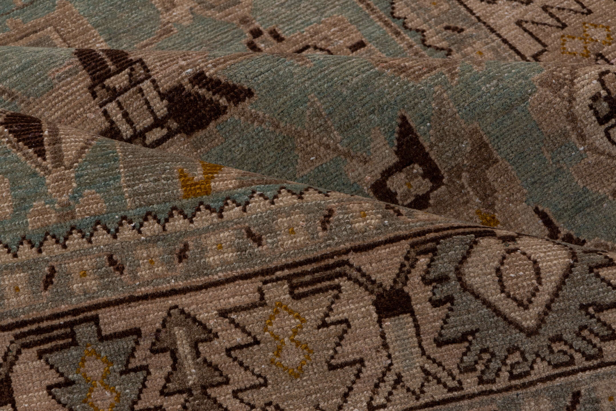 4' x 6' one-of-a-kind handmade antique Malayer rug. Color palette: light blue, ivory, taupe, brown, gold, charcoal, beige