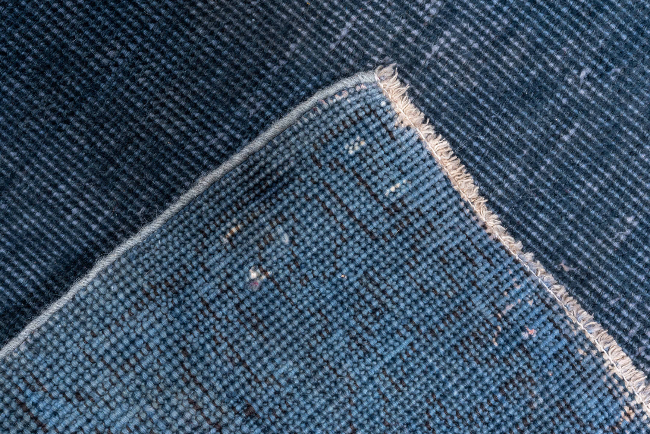 3' x 19' one-of-a-kind handmade vintage Overdyed runner rug. Color palette: blue, fiord, gray, light gray, off-white, silver