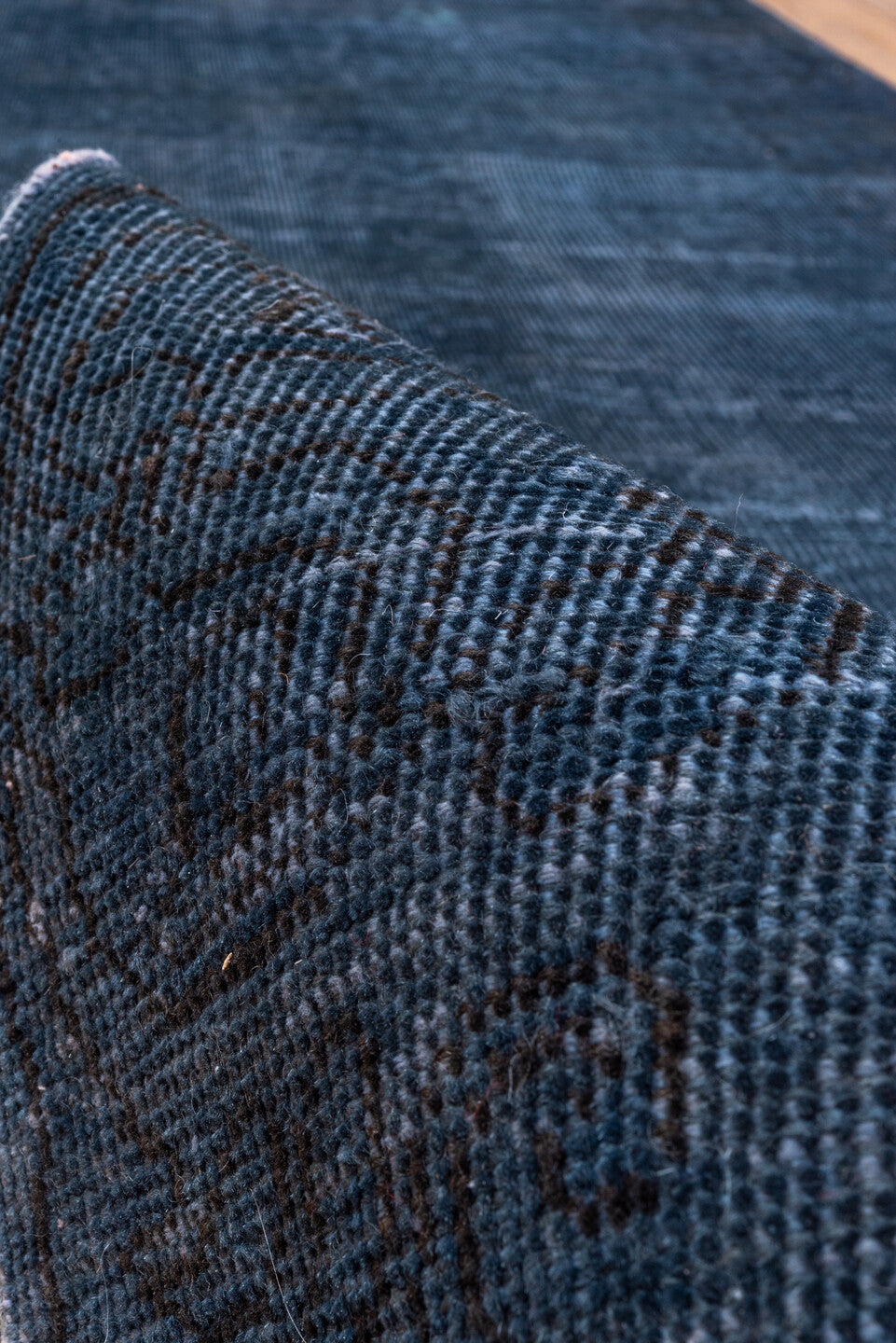 3' x 19' one-of-a-kind handmade vintage Overdyed runner rug. Color palette: blue, fiord, gray, light gray, off-white, silver