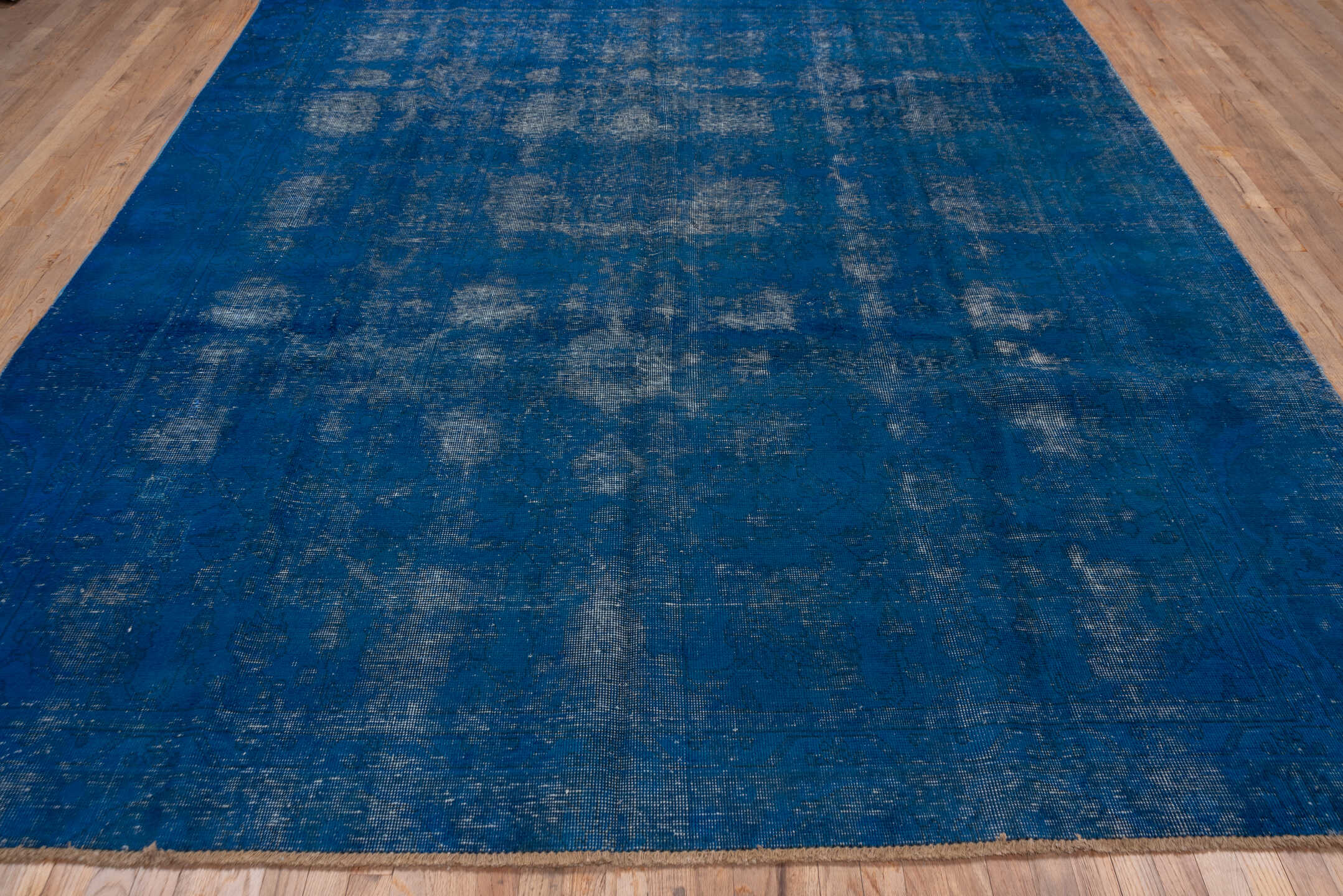 9' x 11' one-of-a-kind handmade vintage Overdyed large size rug. Color palette: blue, fiord, gray, light blue, light gray
