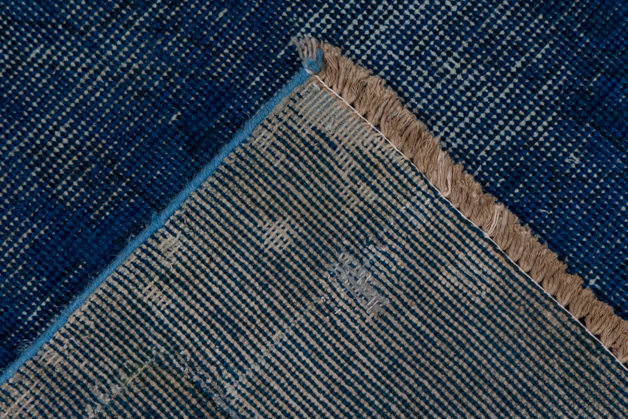 9' x 11' one-of-a-kind handmade vintage Overdyed large size rug. Color palette: blue, fiord, gray, light blue, light gray