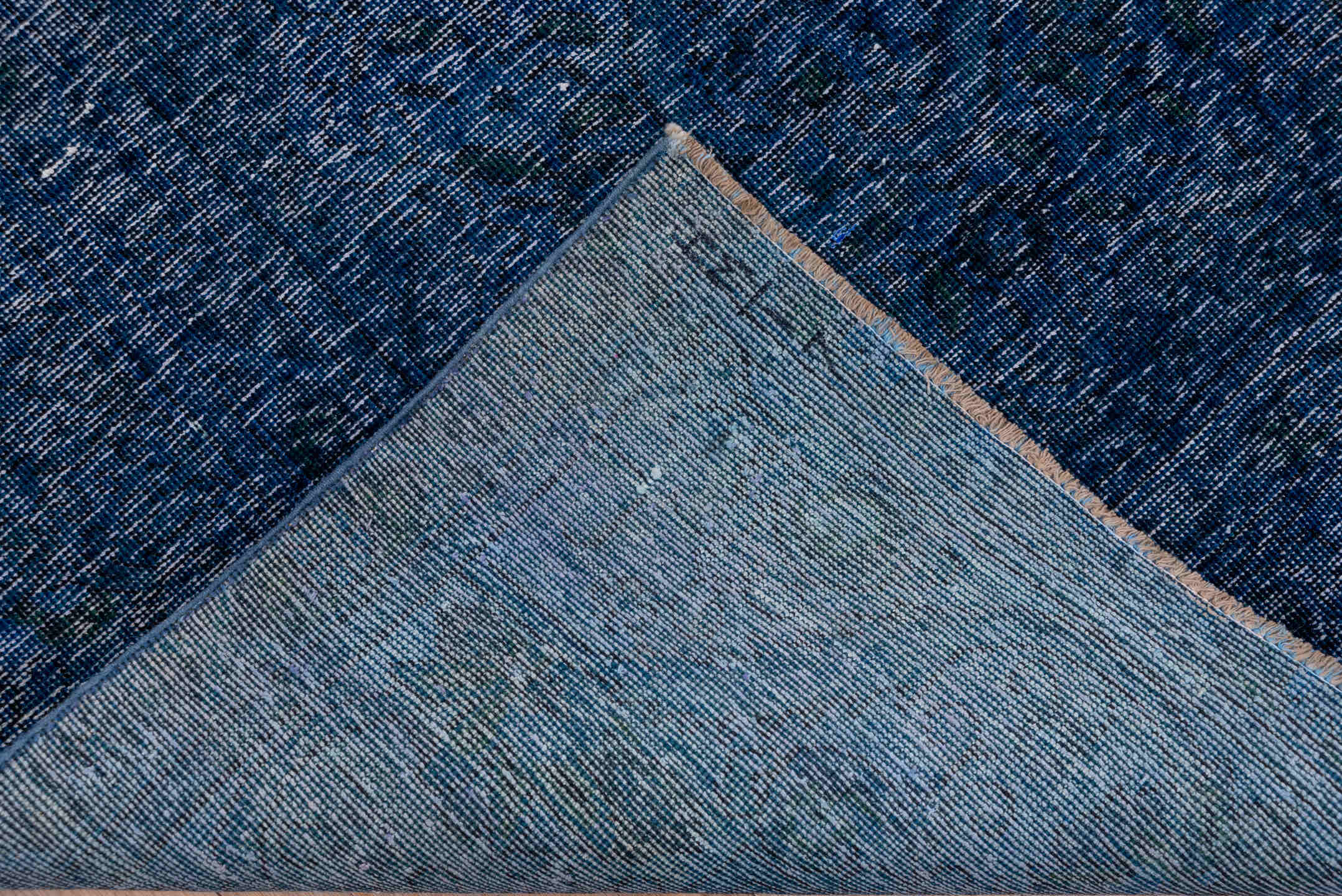 9' x 12' one-of-a-kind handmade vintage Overdyed large size rug. Color palette: black, blue, fiord, gray, light blue