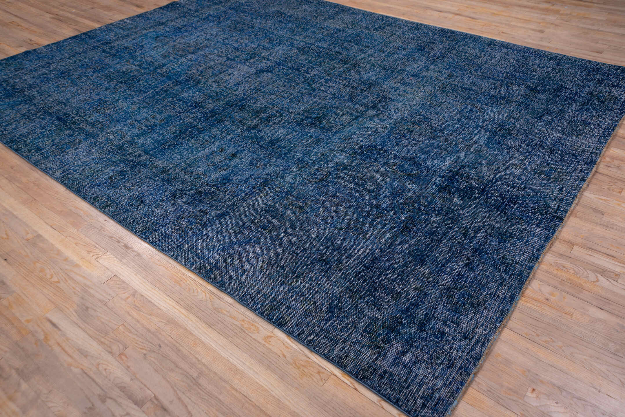 9' x 12' one-of-a-kind handmade vintage Overdyed large size rug. Color palette: black, blue, fiord, gray, light blue