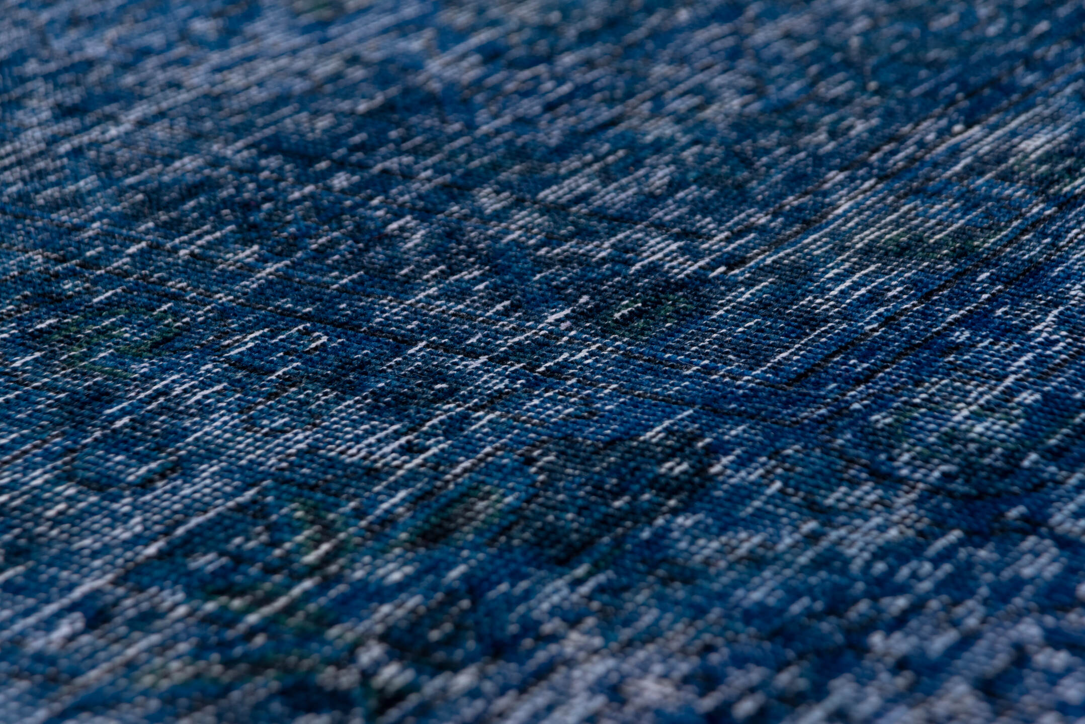 9' x 12' one-of-a-kind handmade vintage Overdyed large size rug. Color palette: black, blue, fiord, gray, light blue