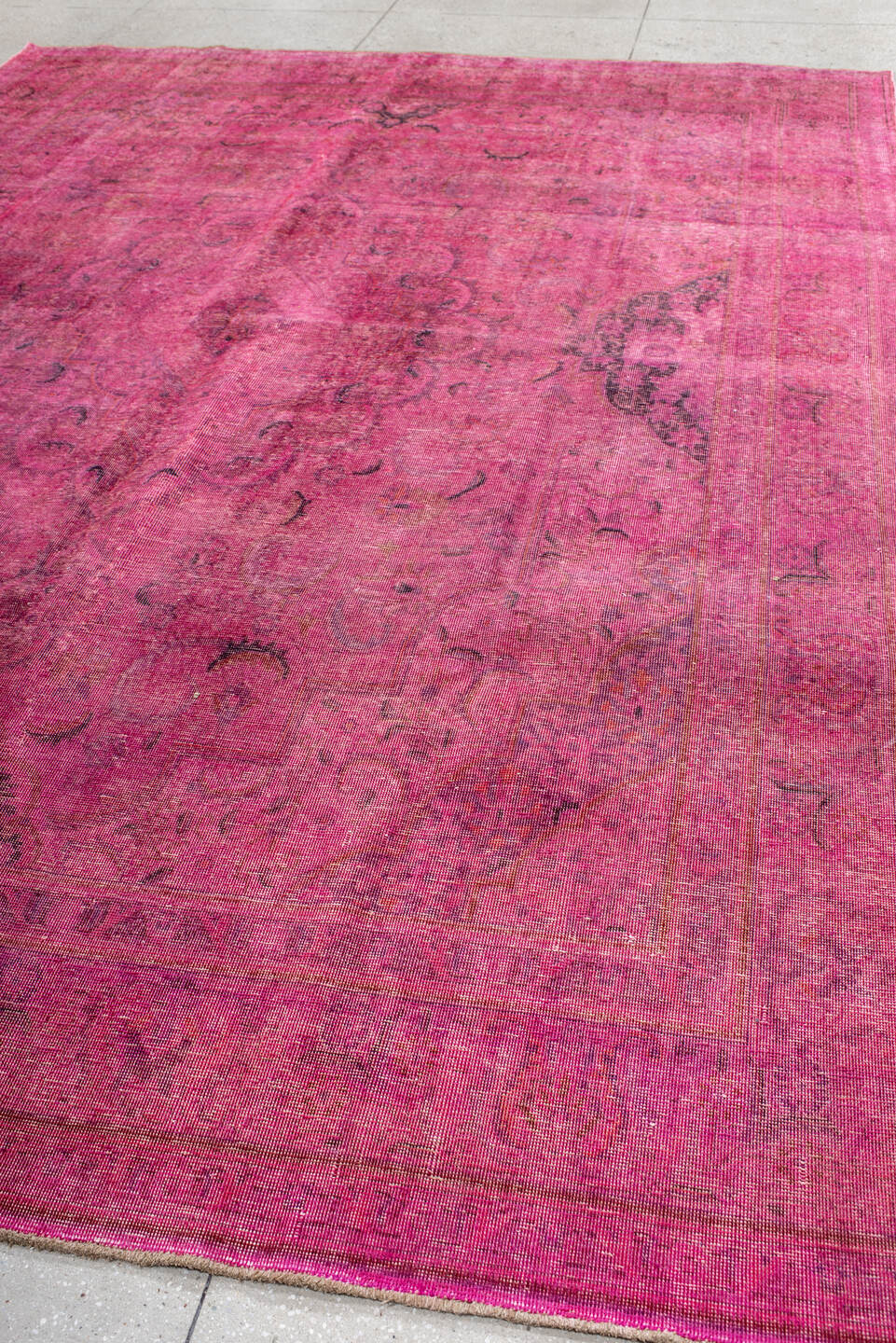 9' x 13' one-of-a-kind handmade vintage Overdyed large size rug. Color palette: pink, fuchsia, rose, magenta, plum, mauve