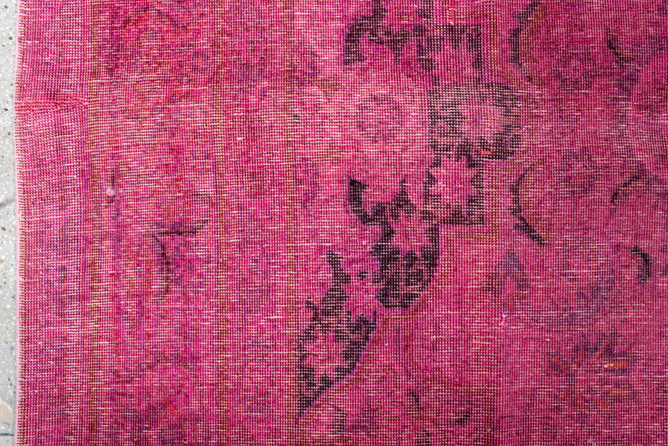 9' x 13' one-of-a-kind handmade vintage Overdyed large size rug. Color palette: brown, pale violet red, pink, red