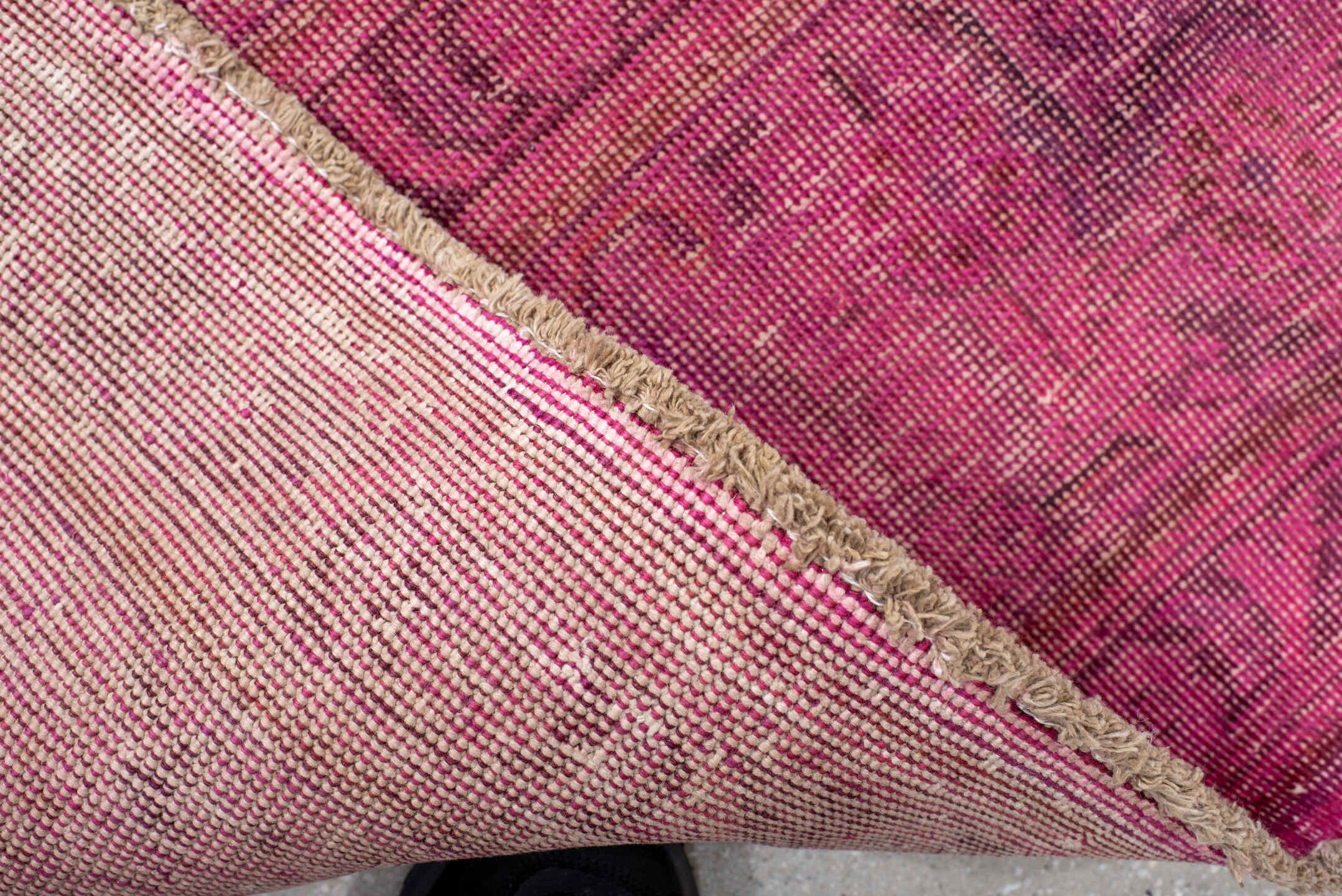 9' x 13' one-of-a-kind handmade vintage Overdyed large size rug. Color palette: pink, fuchsia, rose, magenta, plum, mauve
