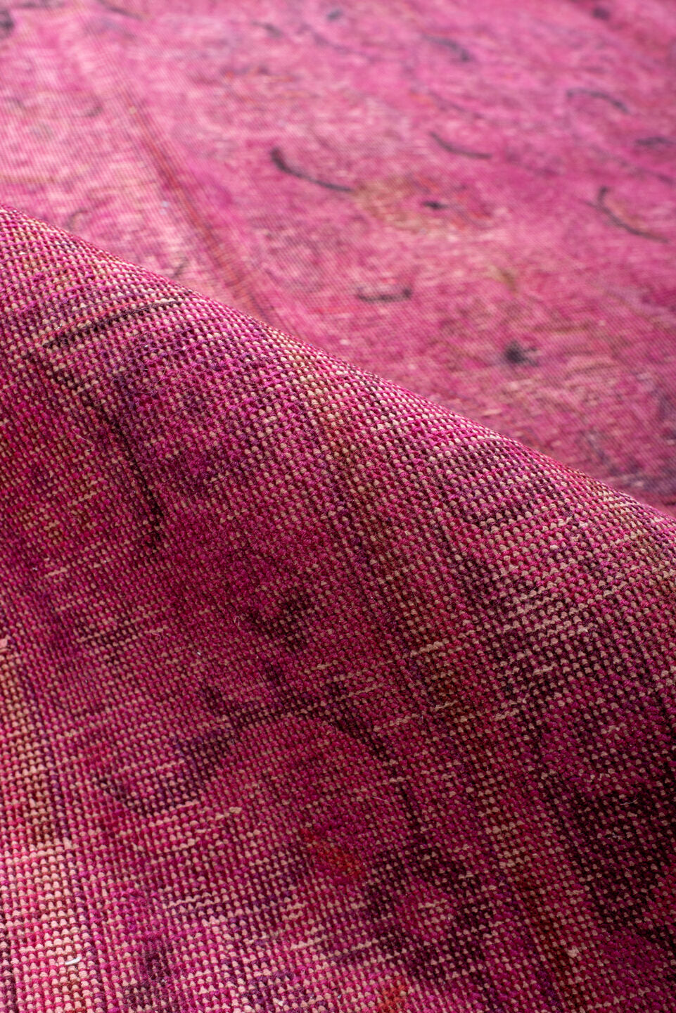 9' x 13' one-of-a-kind handmade vintage Overdyed large size rug. Color palette: brown, pale violet red, pink, red