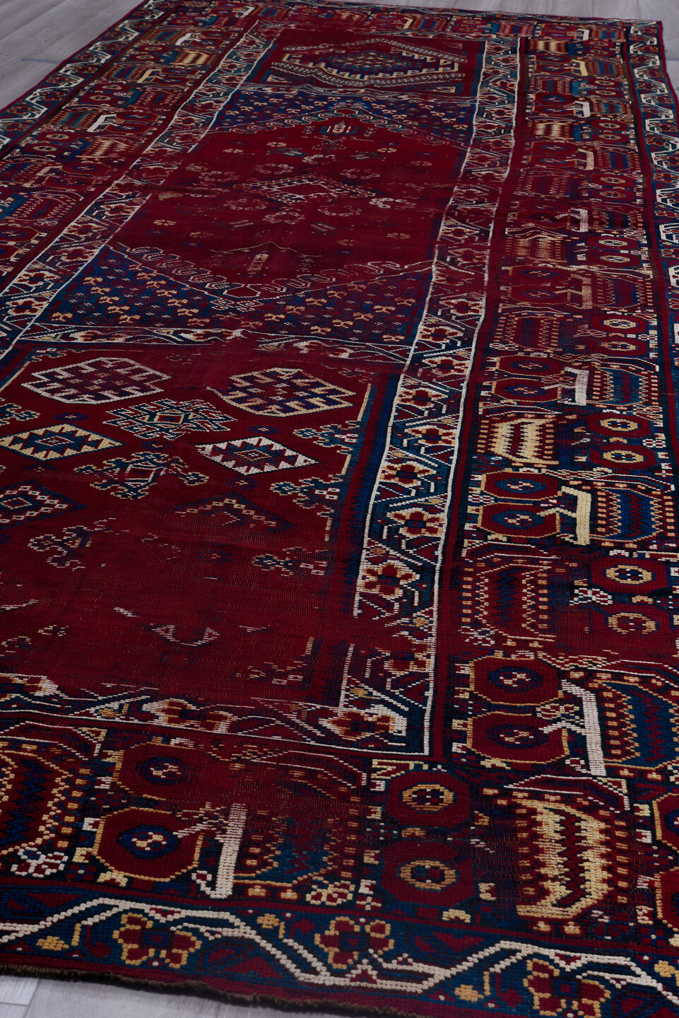 6' x 18' one-of-a-kind handmade antique Moroccan rug. Color palette: crimson, indigo, ivory, navy, rust, saffron, camel, red